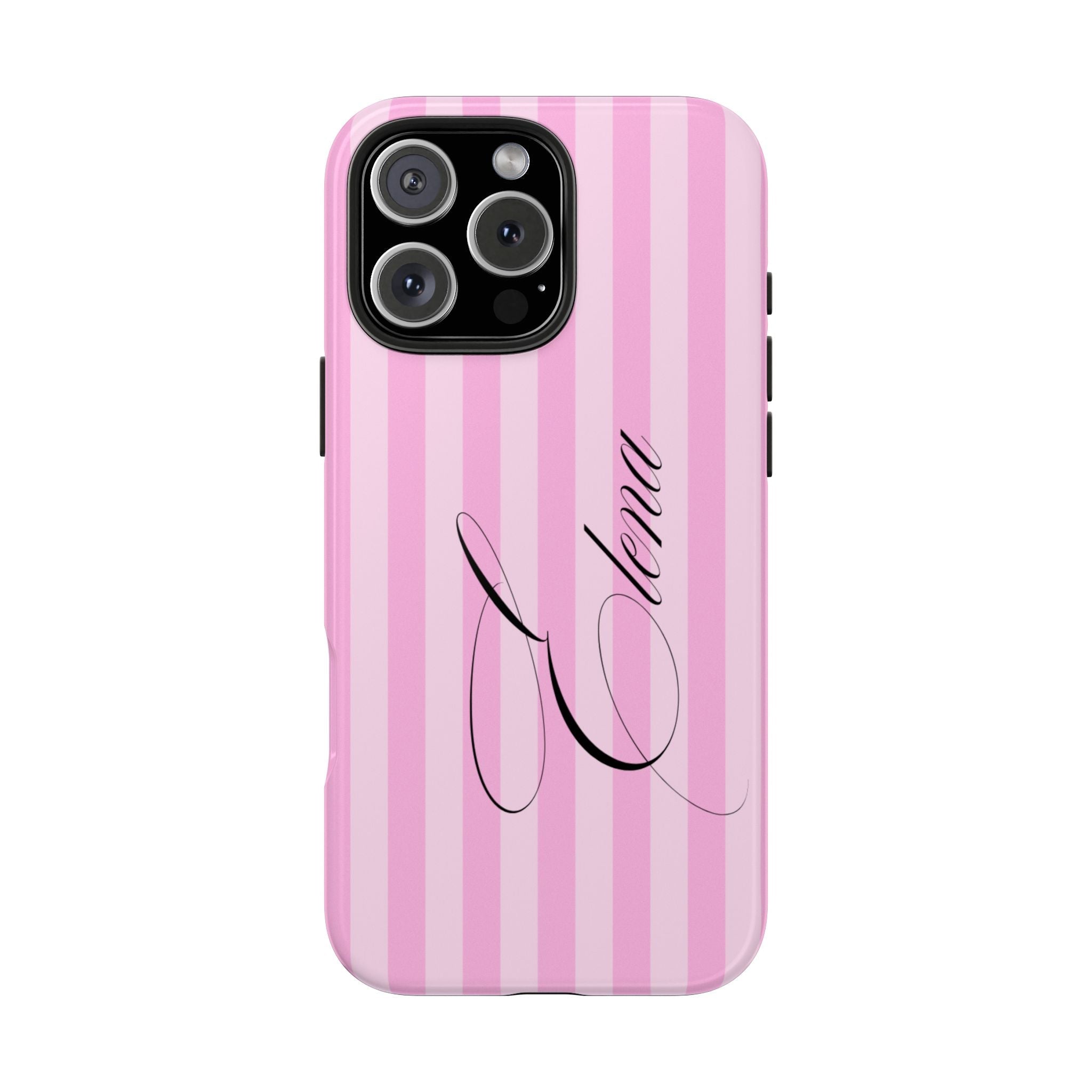 Pink striped custom phone case, centered cursive graphic and camera cutouts