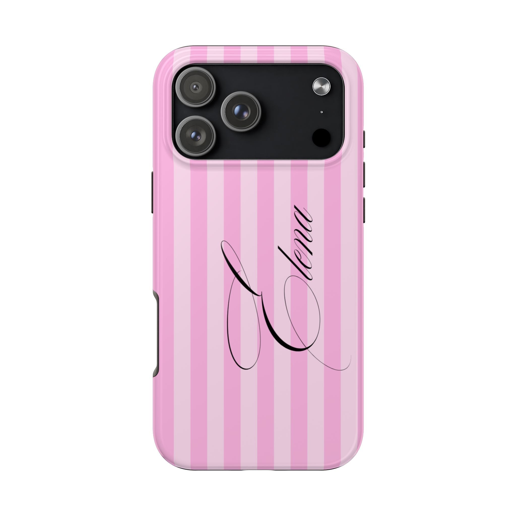 Pink striped custom phone case with cursive name design on back, glossy look