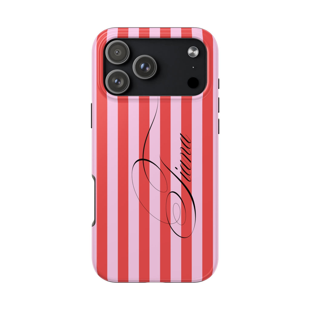 Red and pink vertical striped phone case with abstract line art, raised camera cutouts