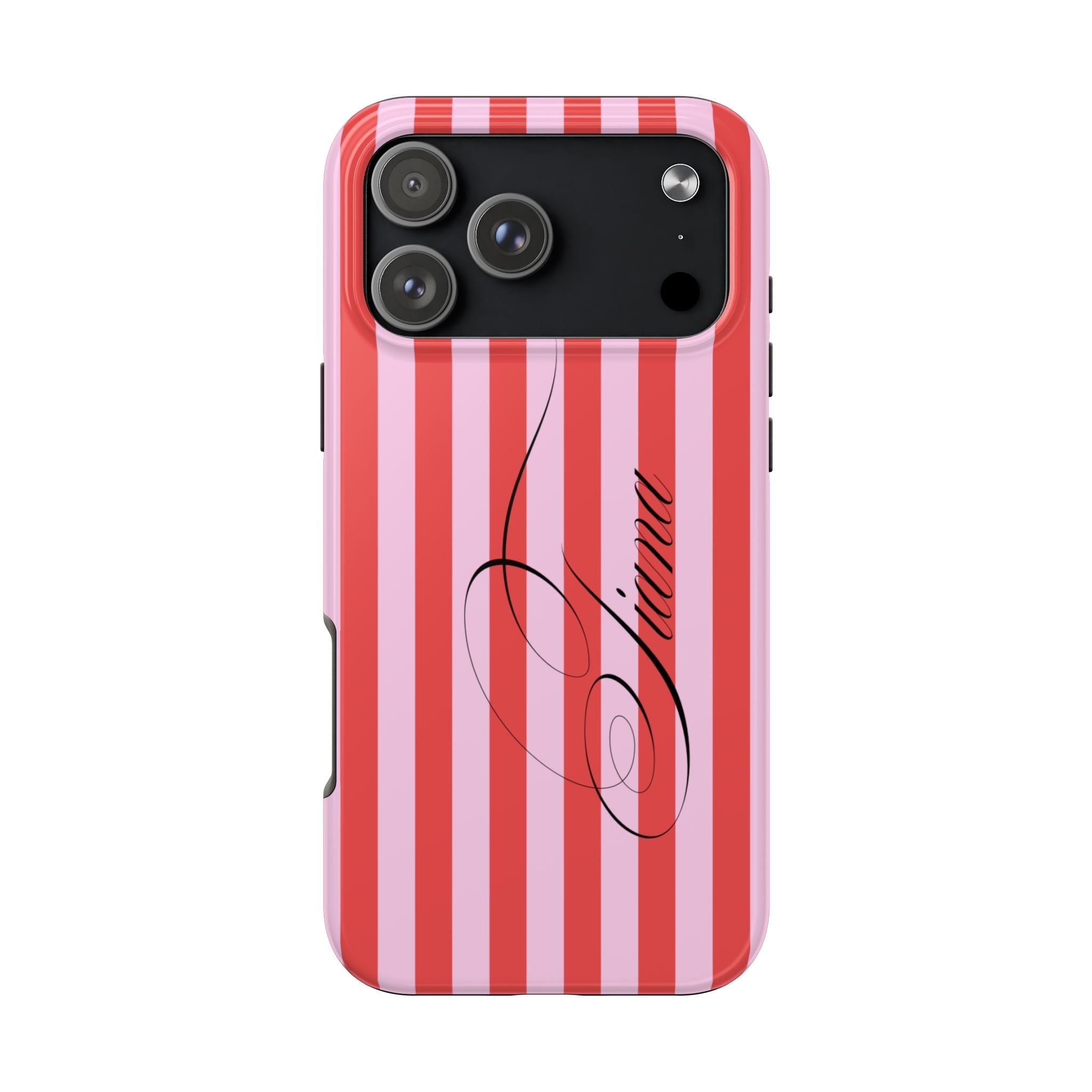 Red and pink vertical striped phone case with abstract line art, raised camera cutouts