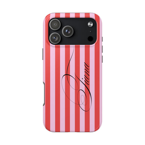 Red and pink vertical striped phone case with abstract line art, raised camera cutouts