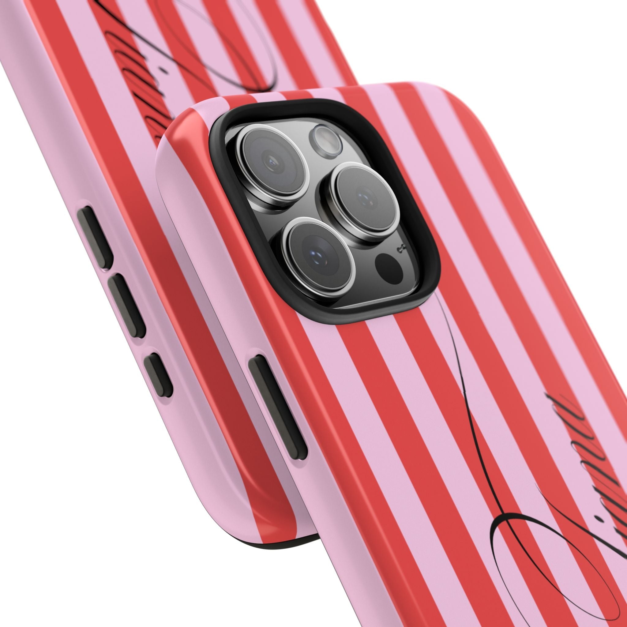 Side angle of red and pink striped phone case with abstract design and button cutouts