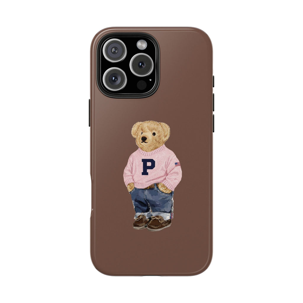 Brown phone case with teddy bear wearing pink sweater and large navy 'P' patch