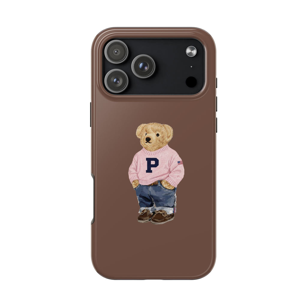 Brown phone case with teddy bear in pink sweater and navy 'P' emblem