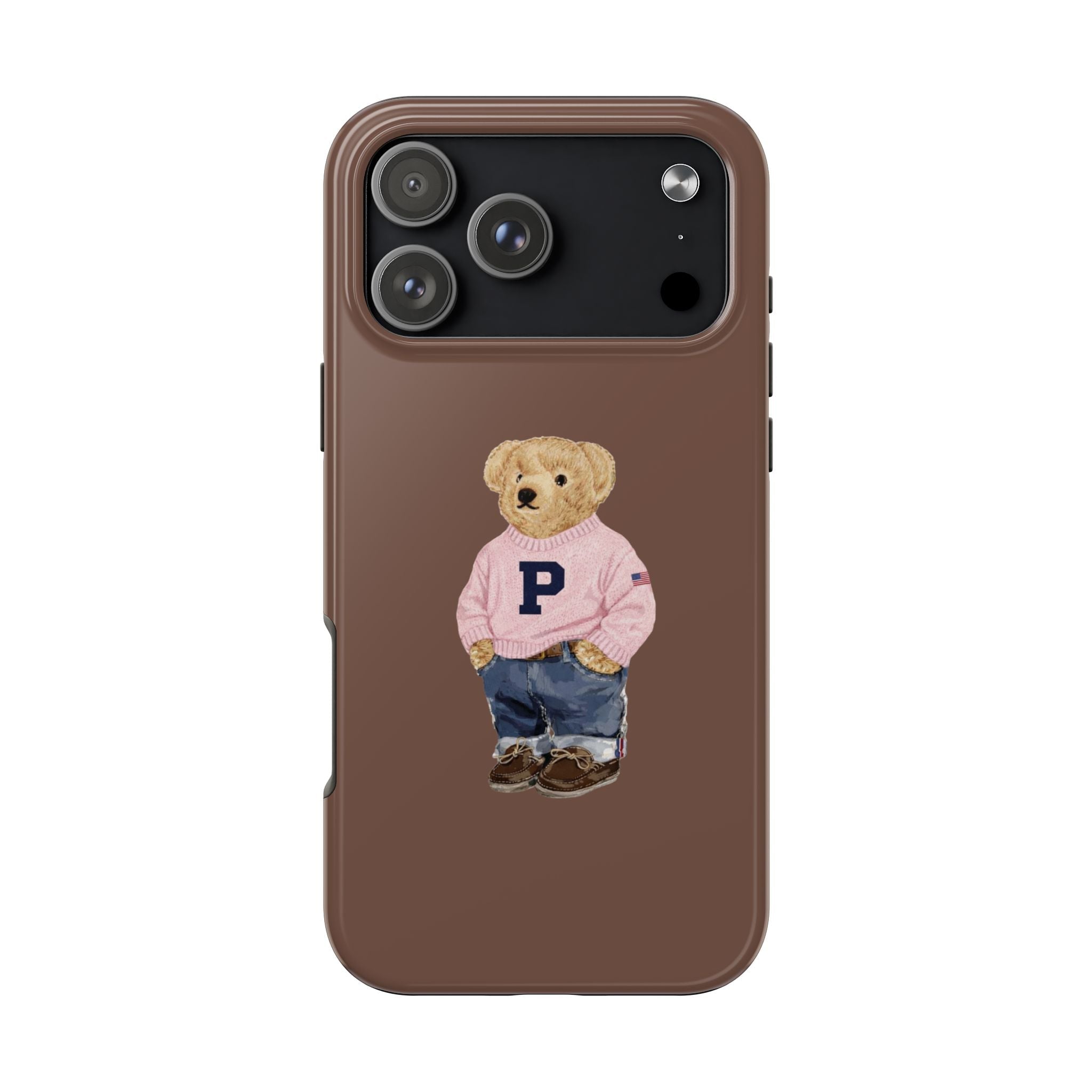 Brown phone case with teddy bear in pink sweater and navy 'P' emblem