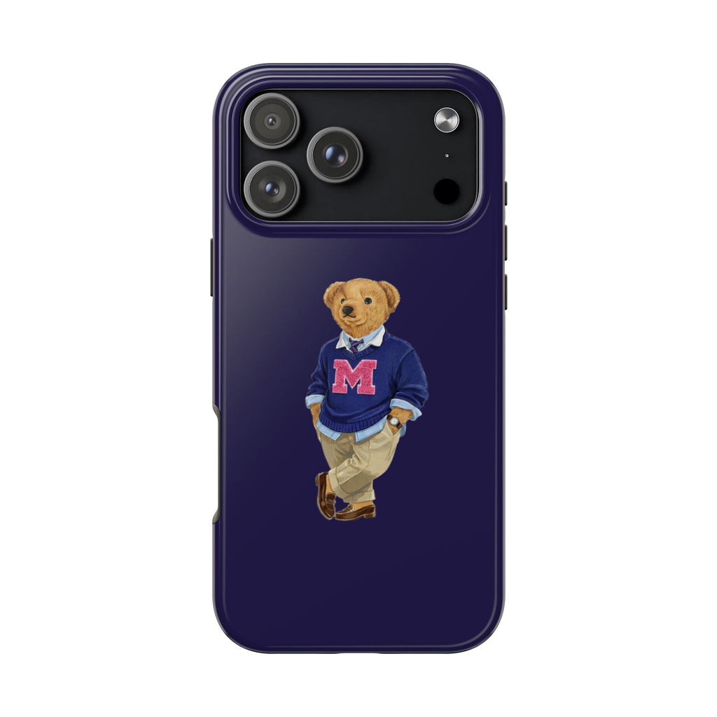 Navy phone case with teddy bear in varsity sweater, red M letter