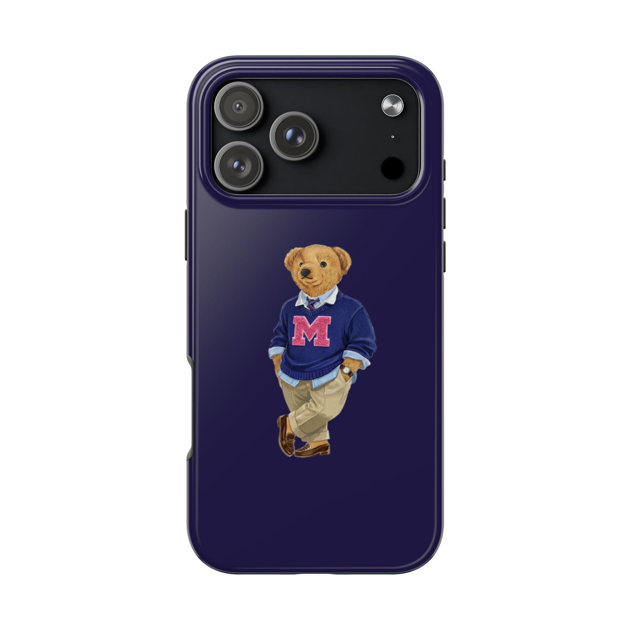 Navy phone case with teddy bear in varsity sweater, red M letter