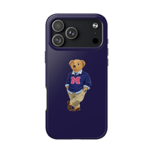 Navy phone case with teddy bear in varsity sweater, red M letter