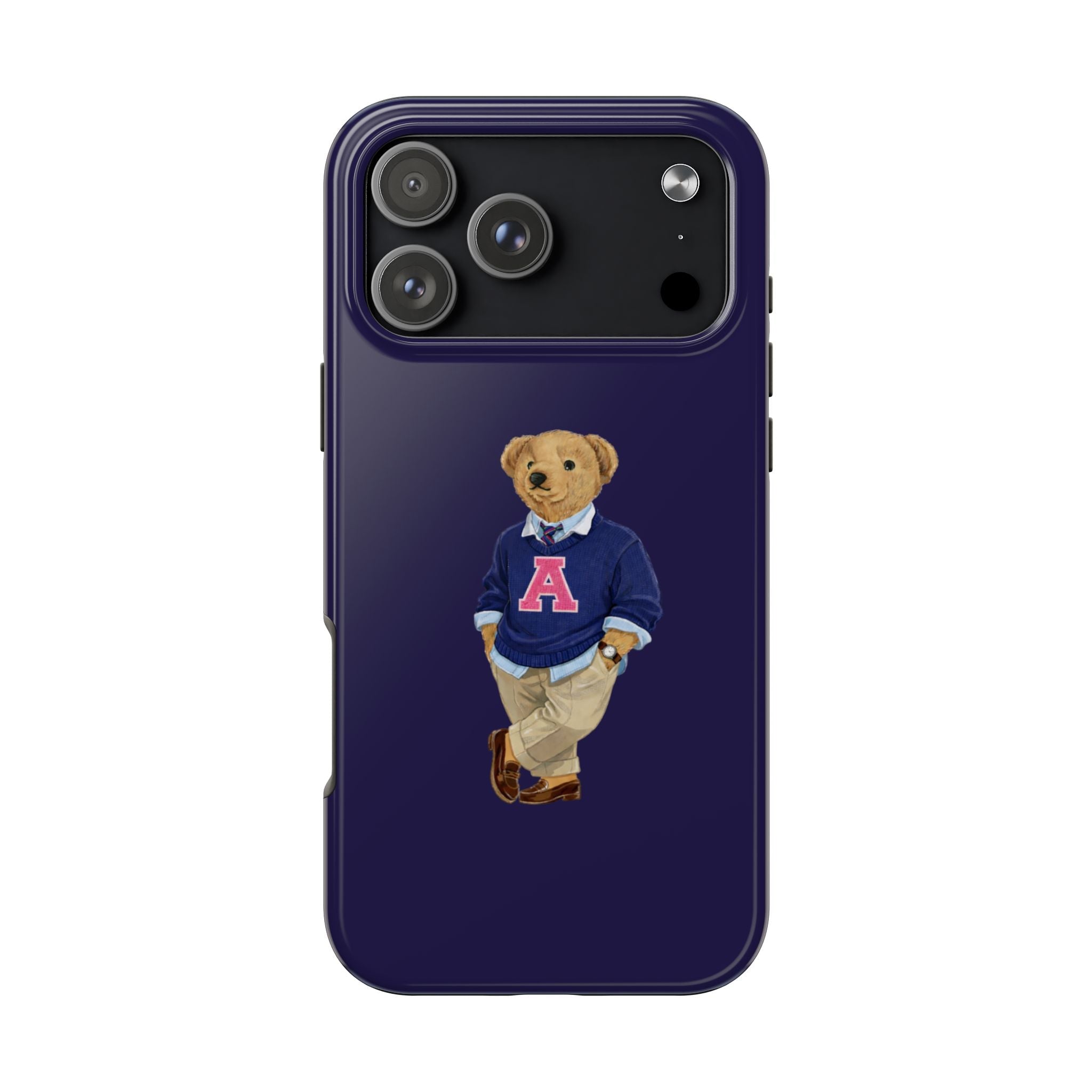Navy phone case with teddy bear in varsity sweater, red A letter