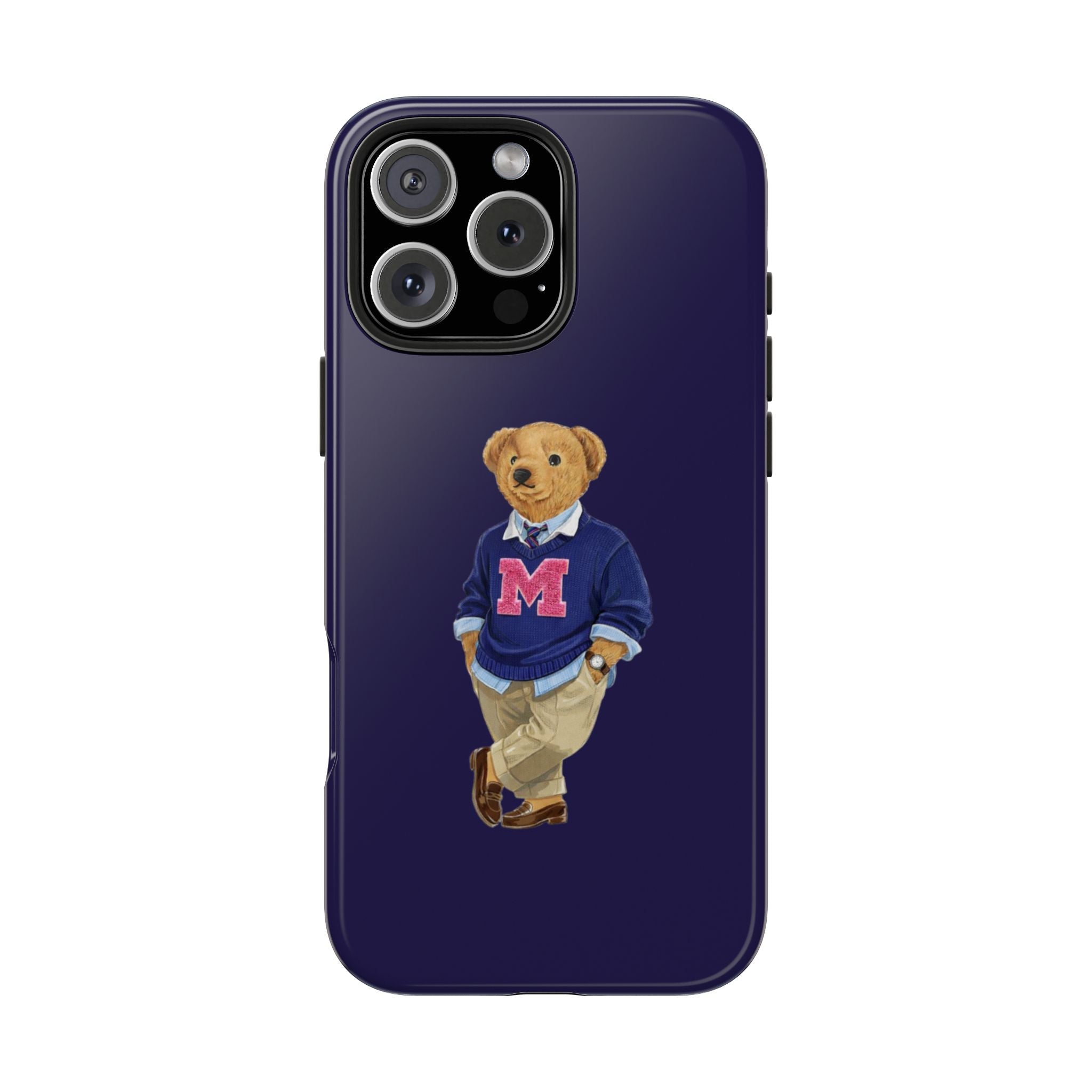 Navy phone case with teddy bear wearing blue varsity sweater, red M letter