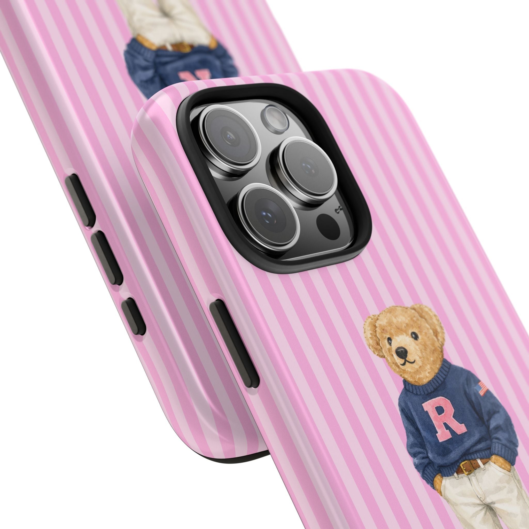 Angled view pink striped phone case with teddy bear varsity jacket and “R” initial