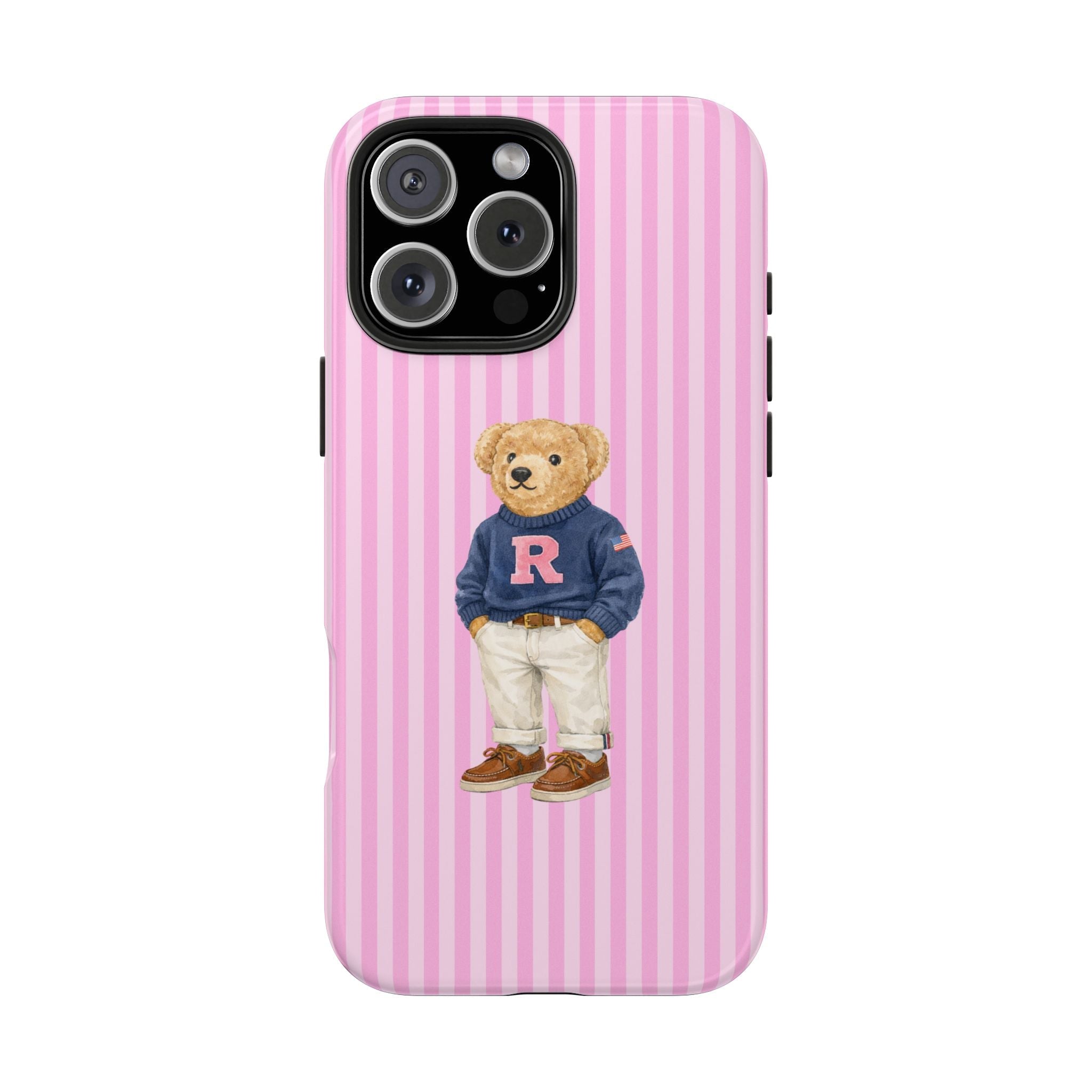 Pink striped phone case, teddy bear “R” varsity outfit with centered design