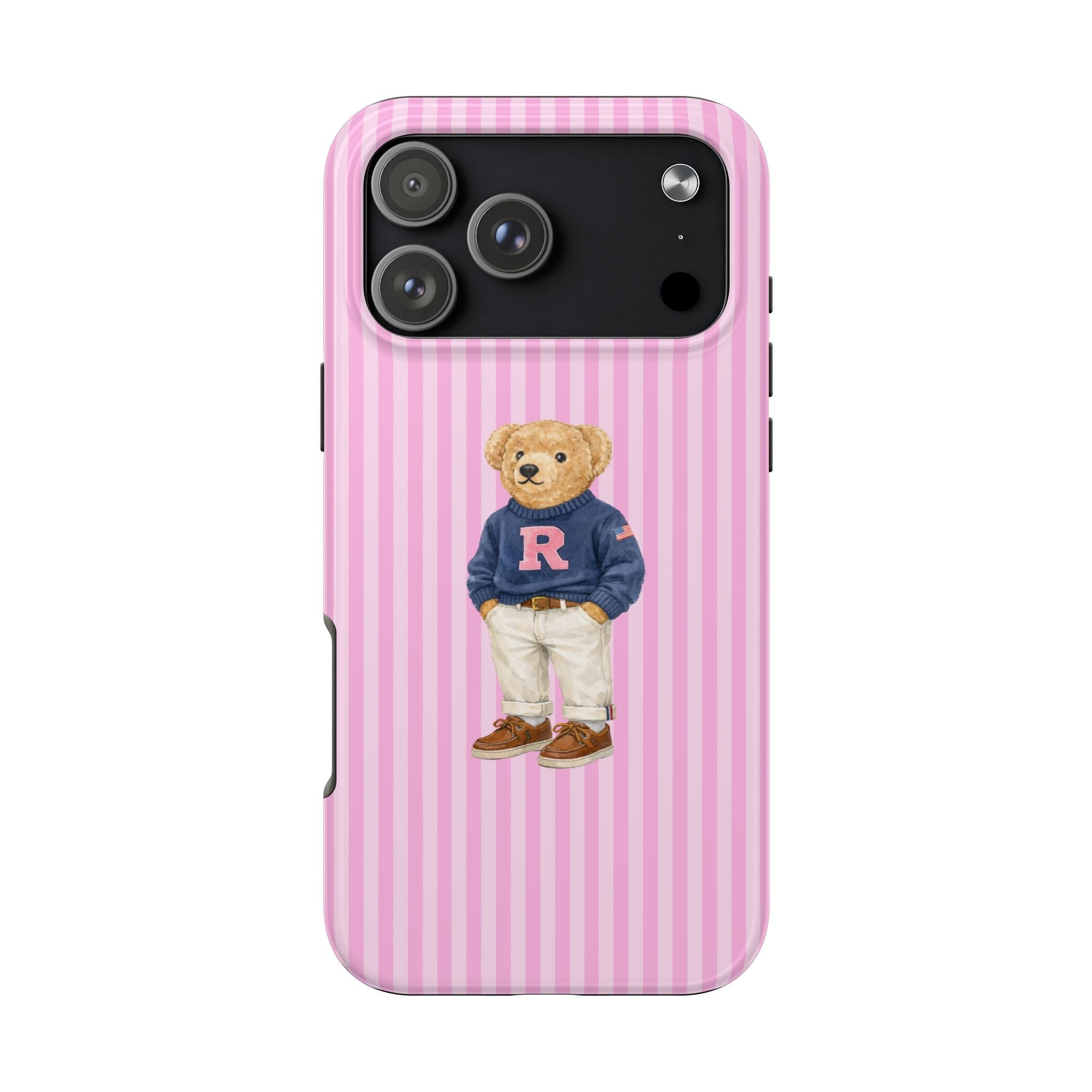 Pink striped phone case with teddy bear in blue varsity jacket and “R” initial