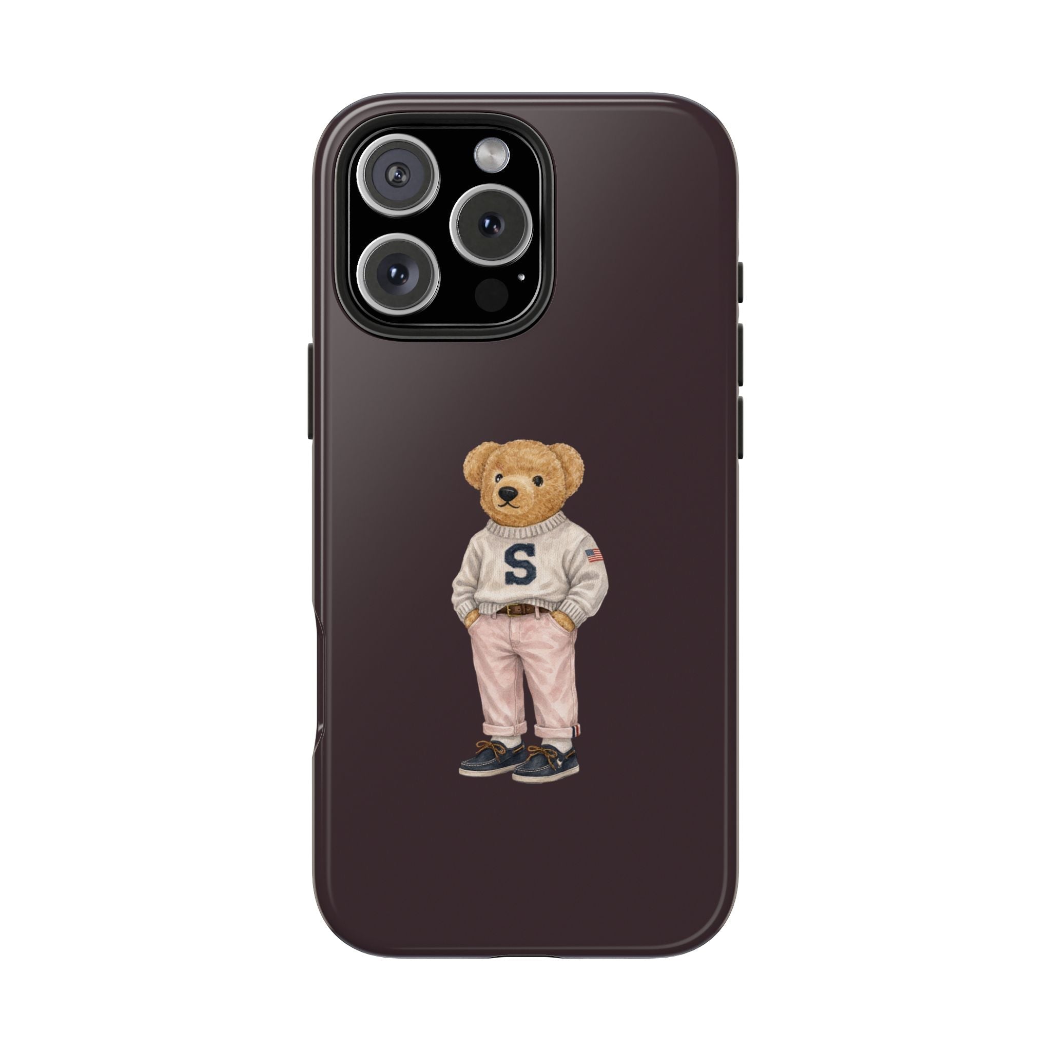 Plum phone case featuring teddy bear wearing varsity sweater, pants, and sneakers; S letter.