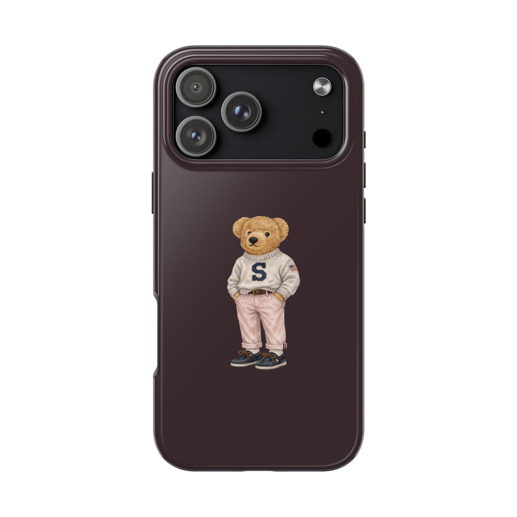 Plum phone case with teddy bear in varsity sweater, letter S on the back.