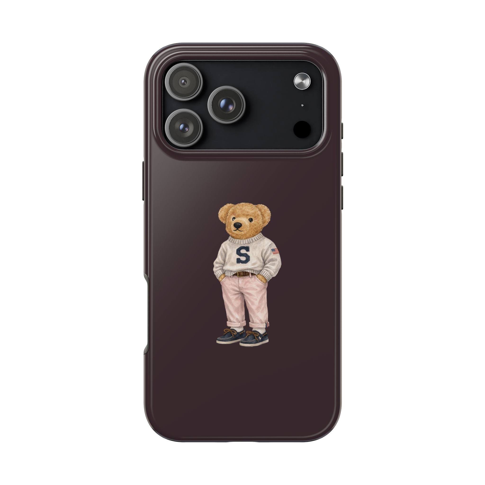 Plum phone case with teddy bear in varsity sweater, letter S on the back.