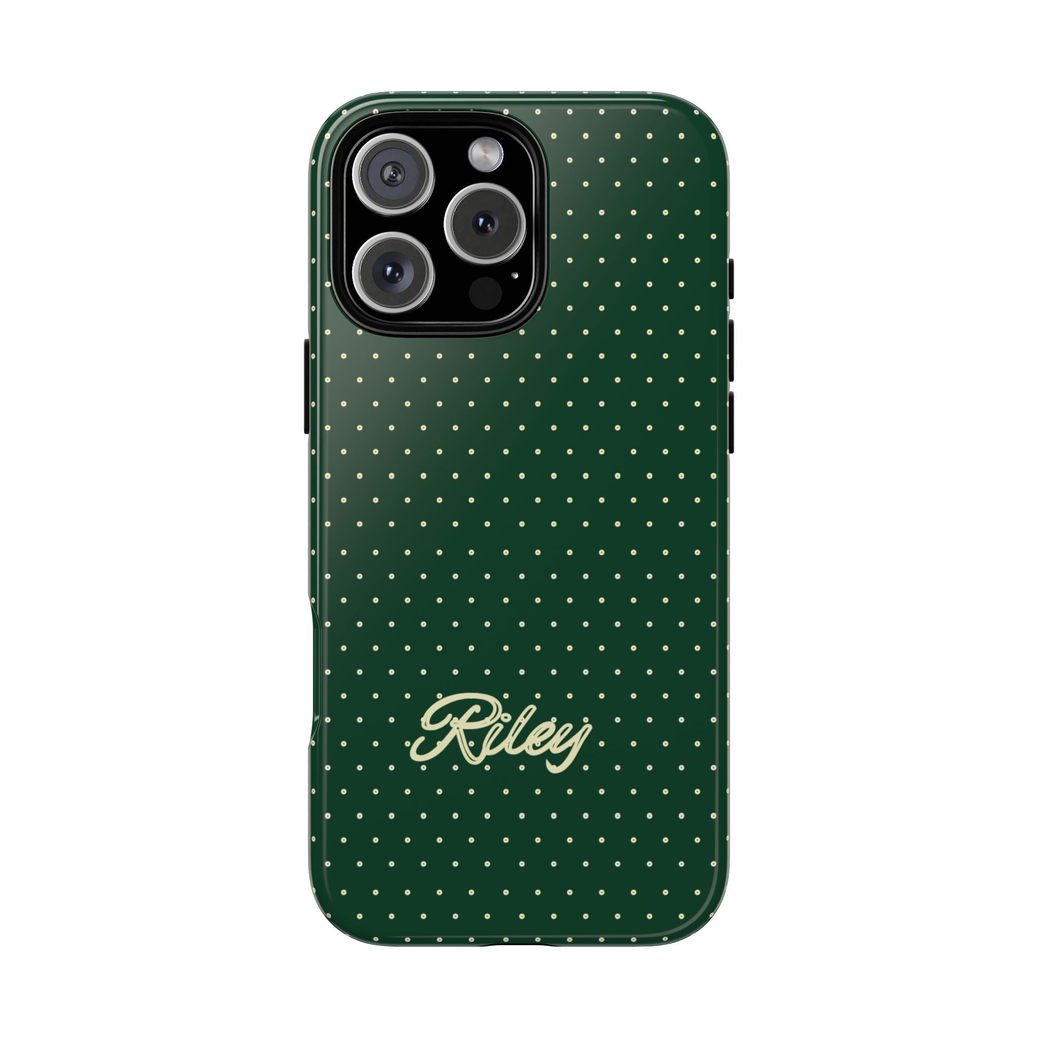 Green polka dot phone case with 'Riley' logo and visible camera cutout