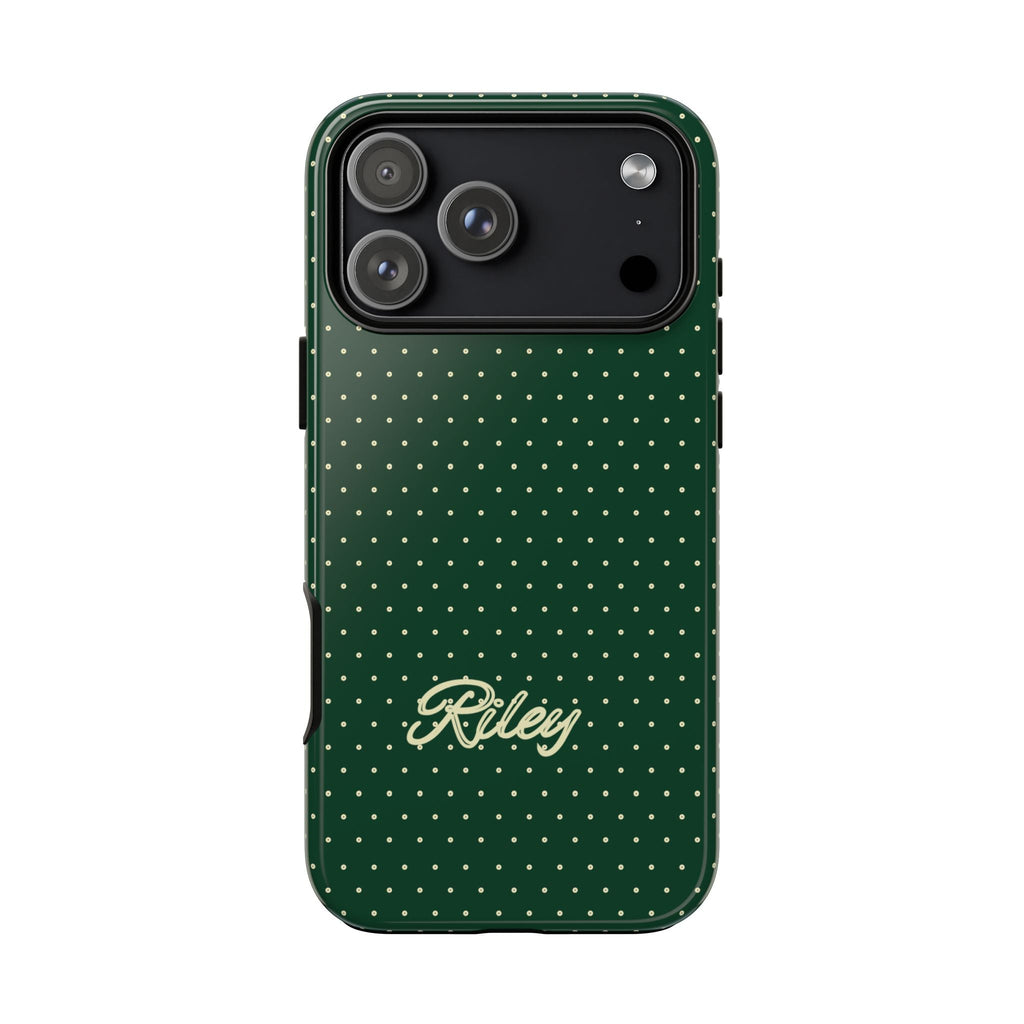 Green polka dot phone case with cursive 'Riley' on back