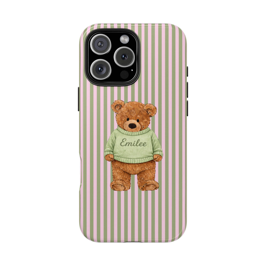 Personalized phone case with green-and-pink stripes and teddy bear in mint sweater, “Emilee”