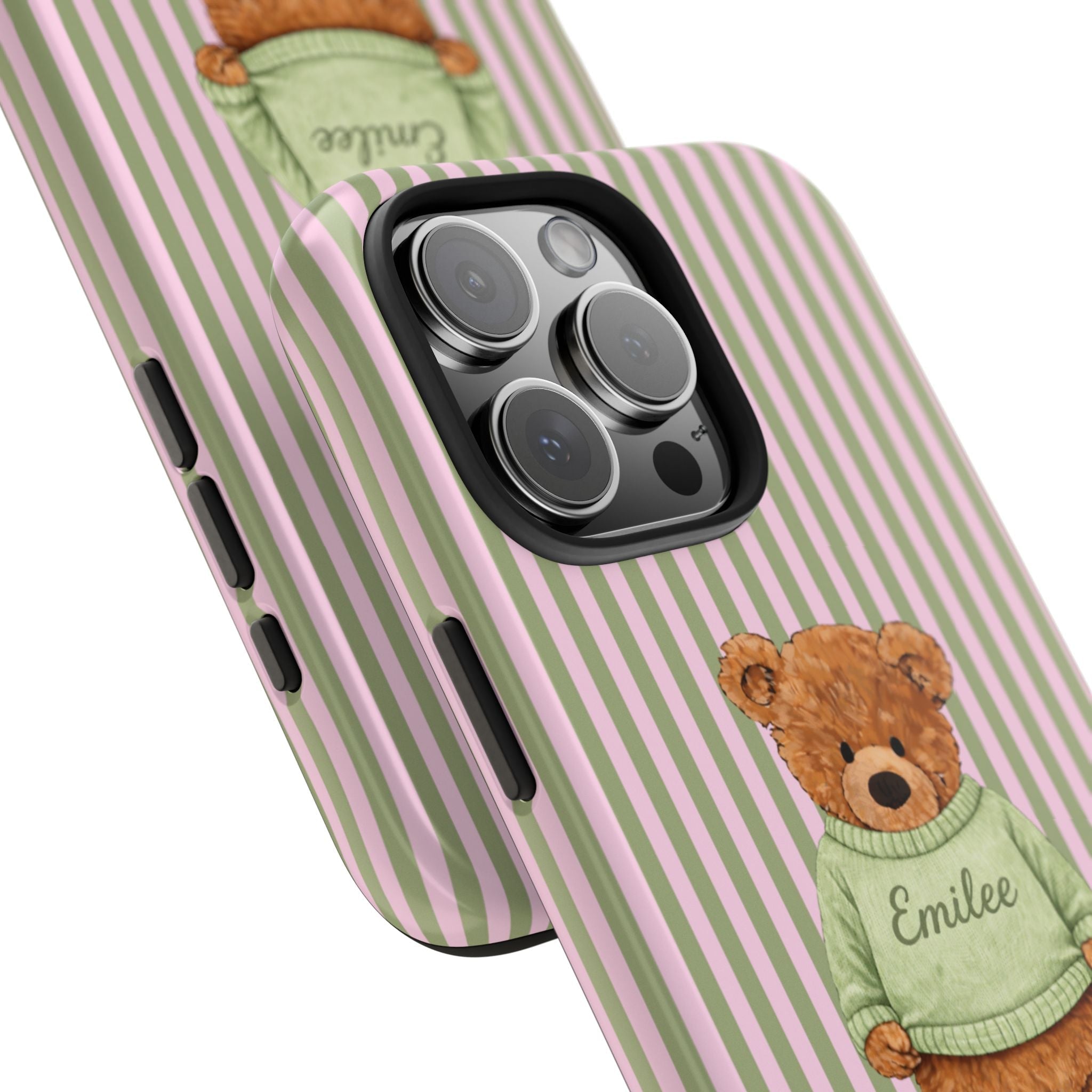 Angled phone case showing green-and-pink stripes, teddy bear “Emilee” sweater design