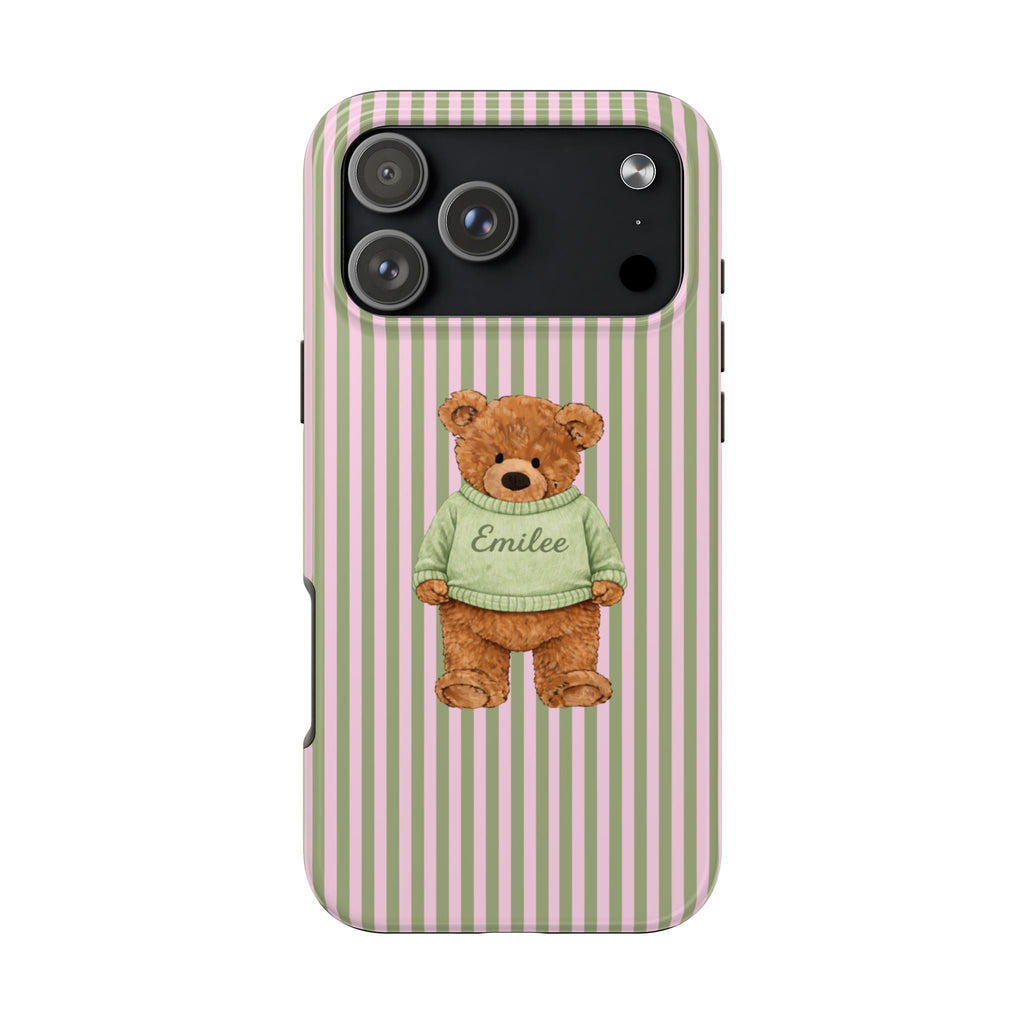 Phone case with green-and-pink vertical stripes and teddy bear “Emilee” on mint sweater