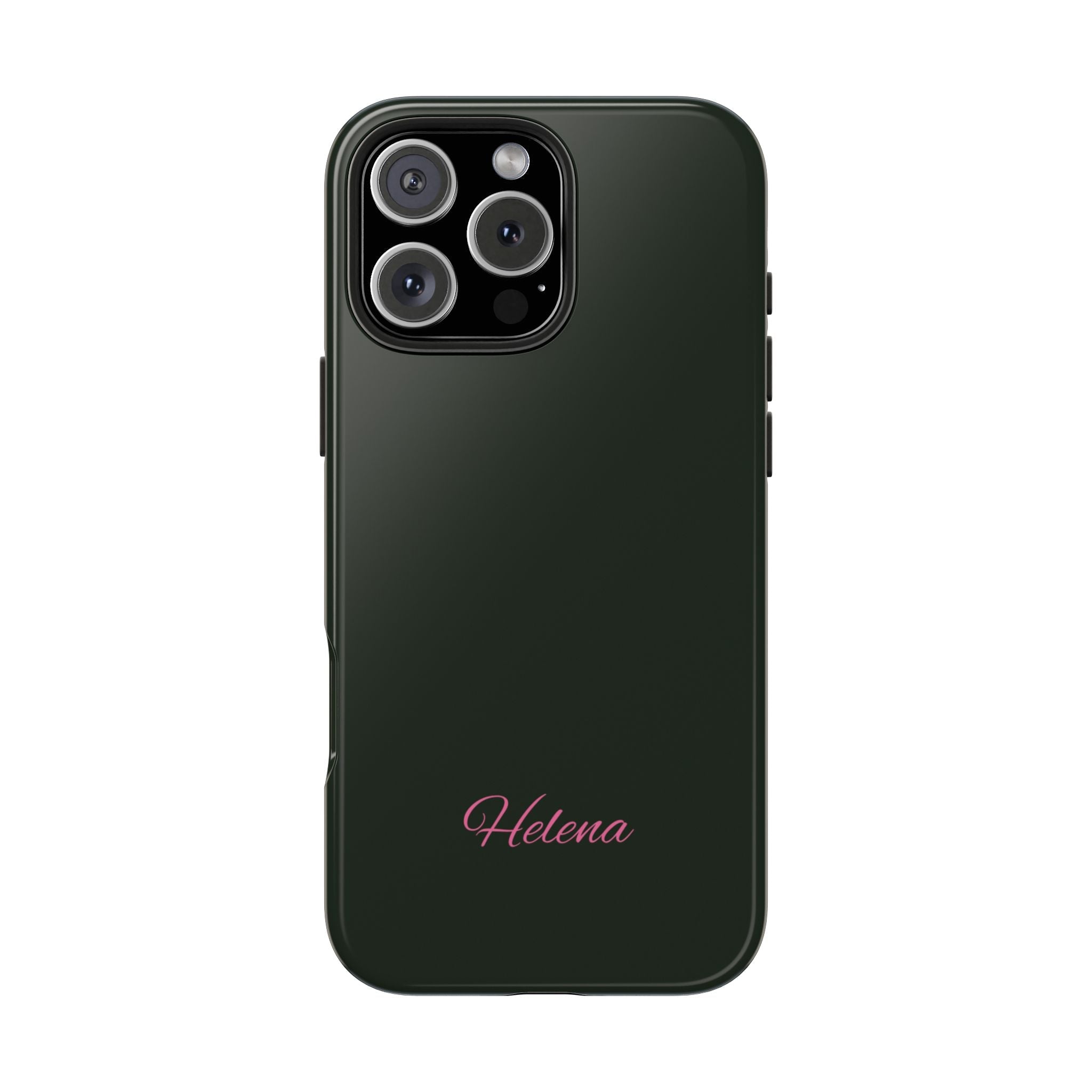 Hunter green phone case with “Helena” script and camera cutouts