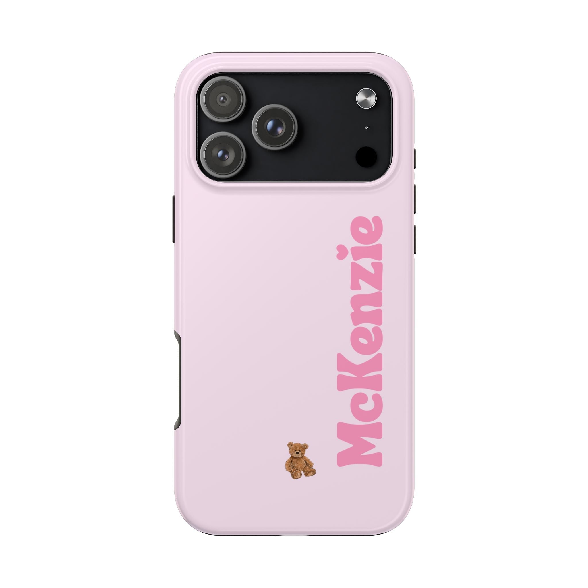 Pink baby phone case with custom name and teddy bear charm; camera area visible.