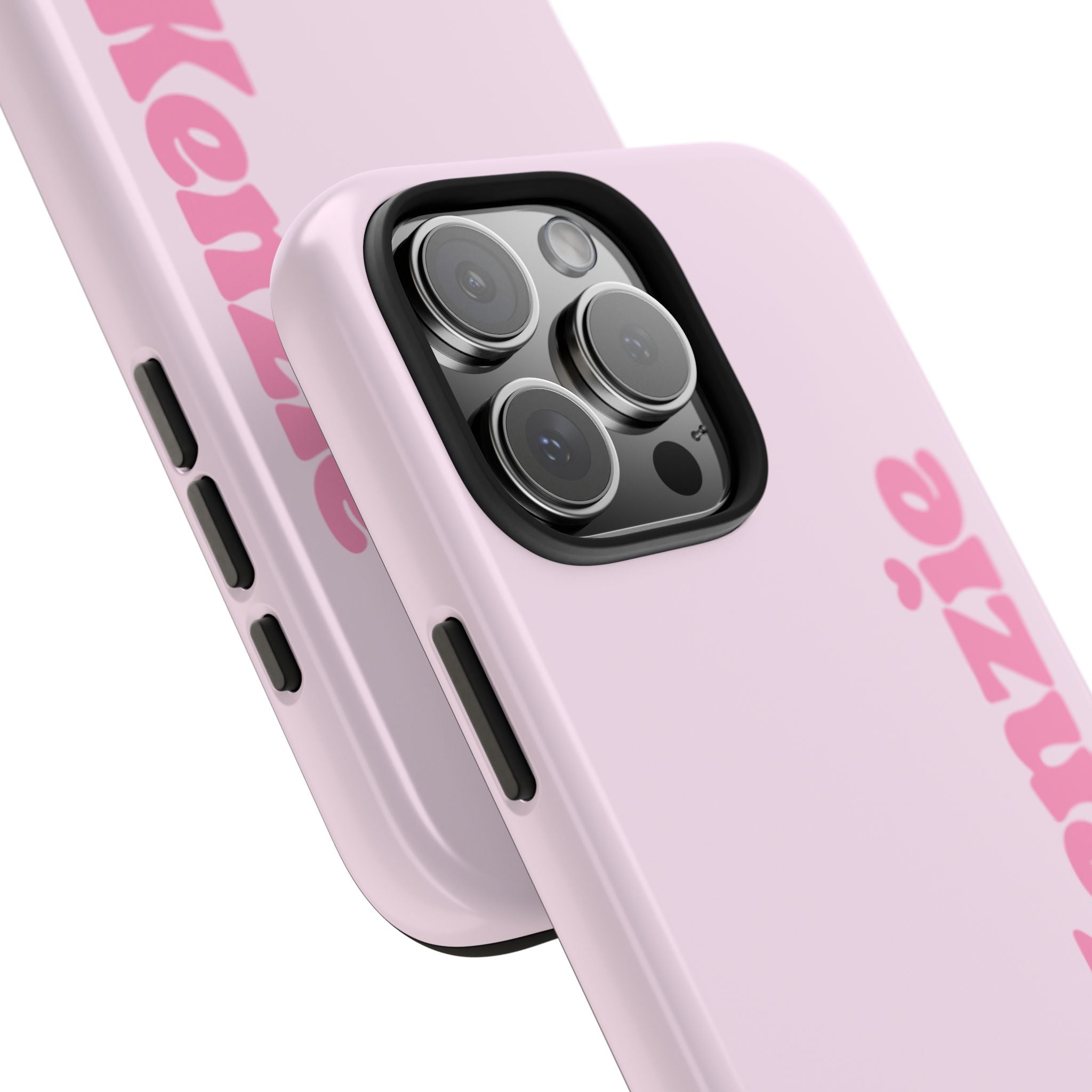 Pink custom baby phone case with name and teddy bear; side buttons and camera bump shown.