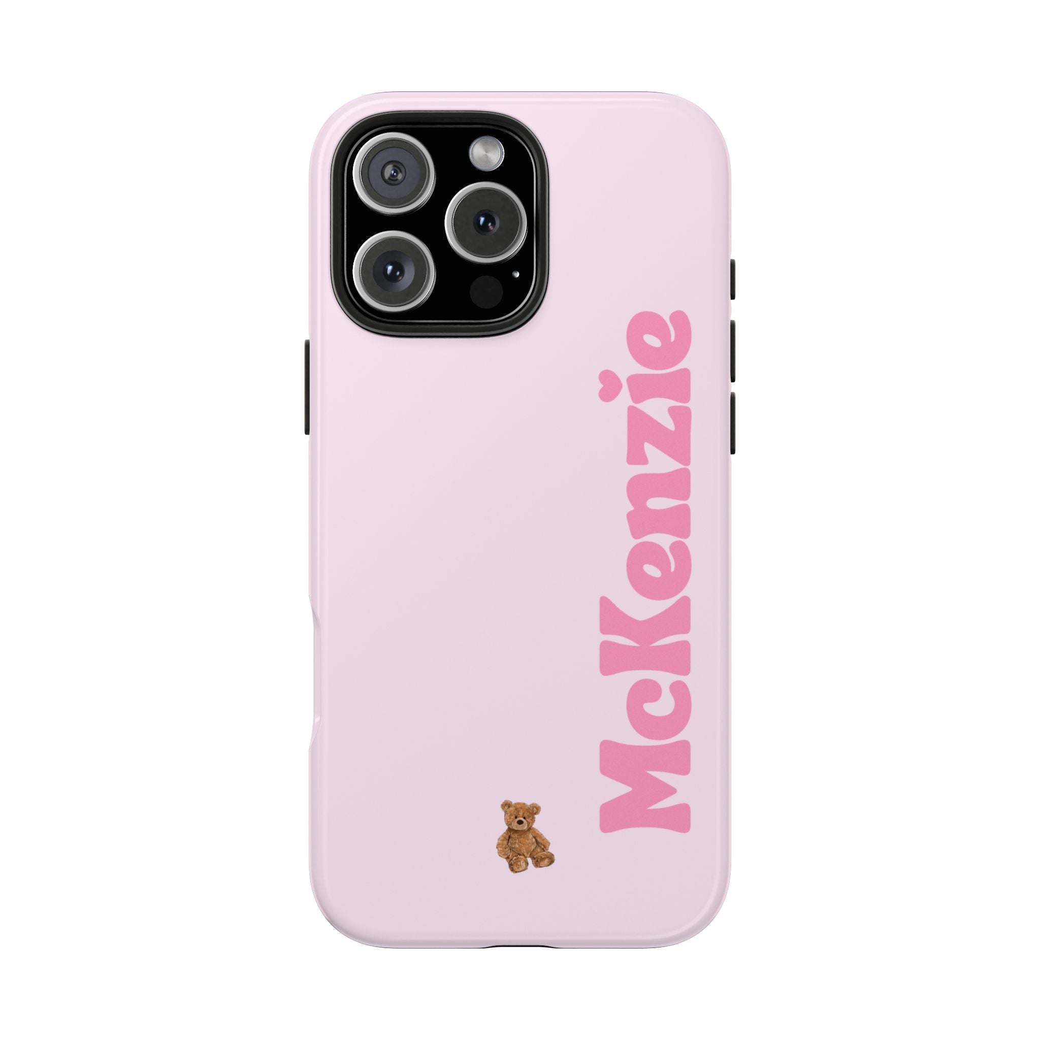 Pink baby phone case with custom name and teddy bear charm, showing camera cutouts.