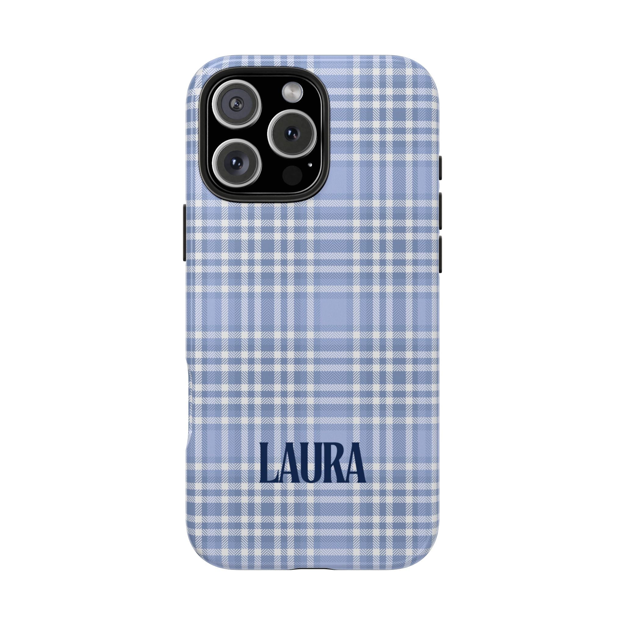 Personalized blue plaid phone case with name LAURA, back with camera cutouts