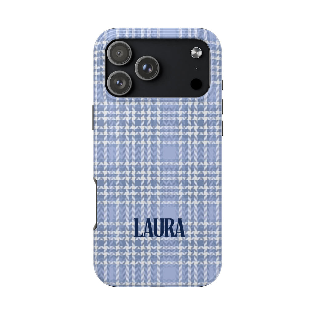 Personalized blue plaid phone case with name LAURA, front view