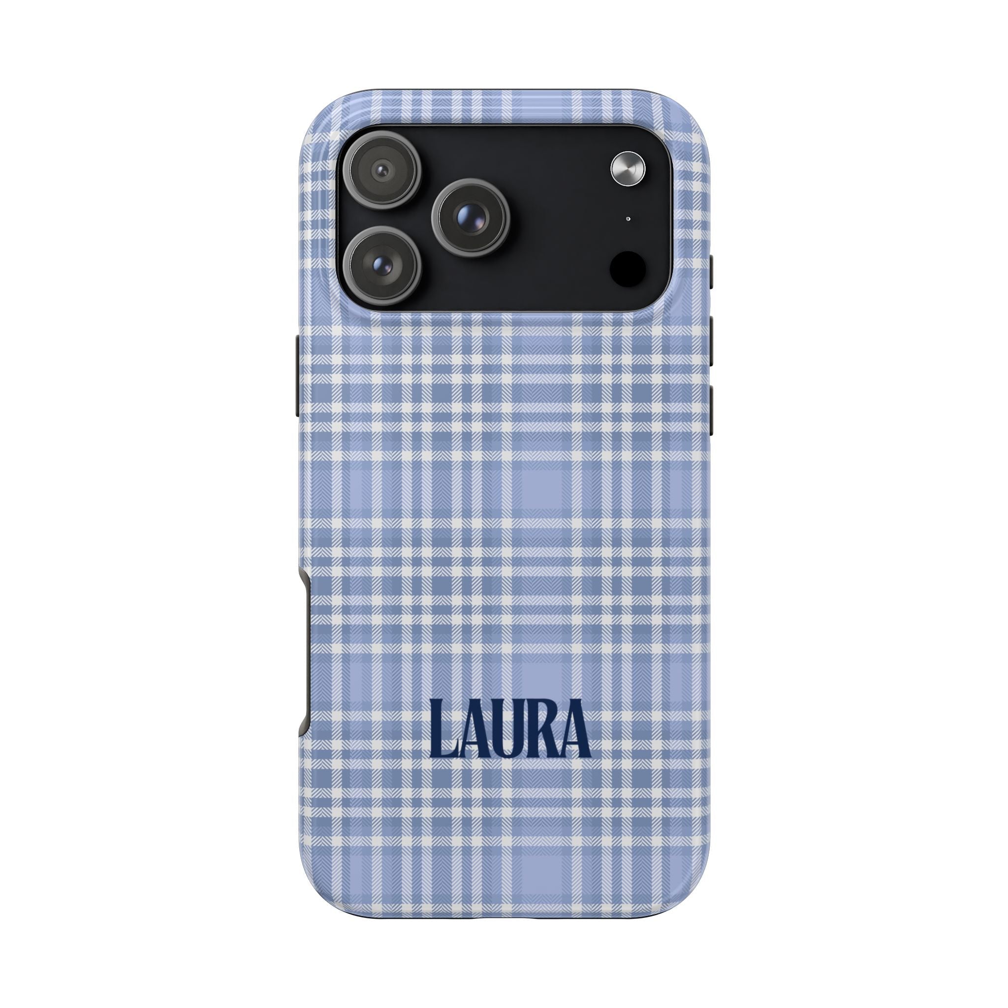Personalized blue plaid phone case with name LAURA, front view