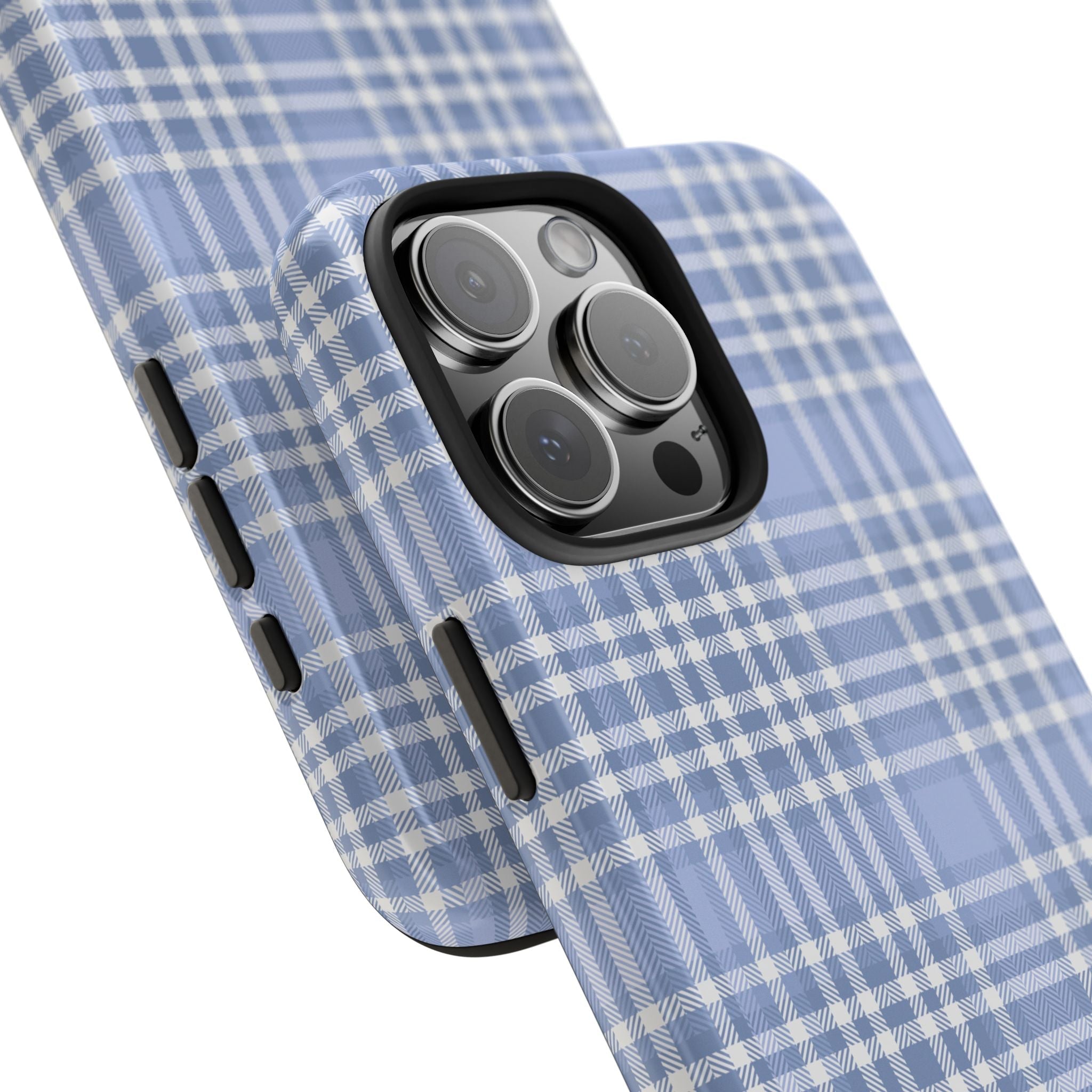 Blue plaid phone case with camera cutout, angled view