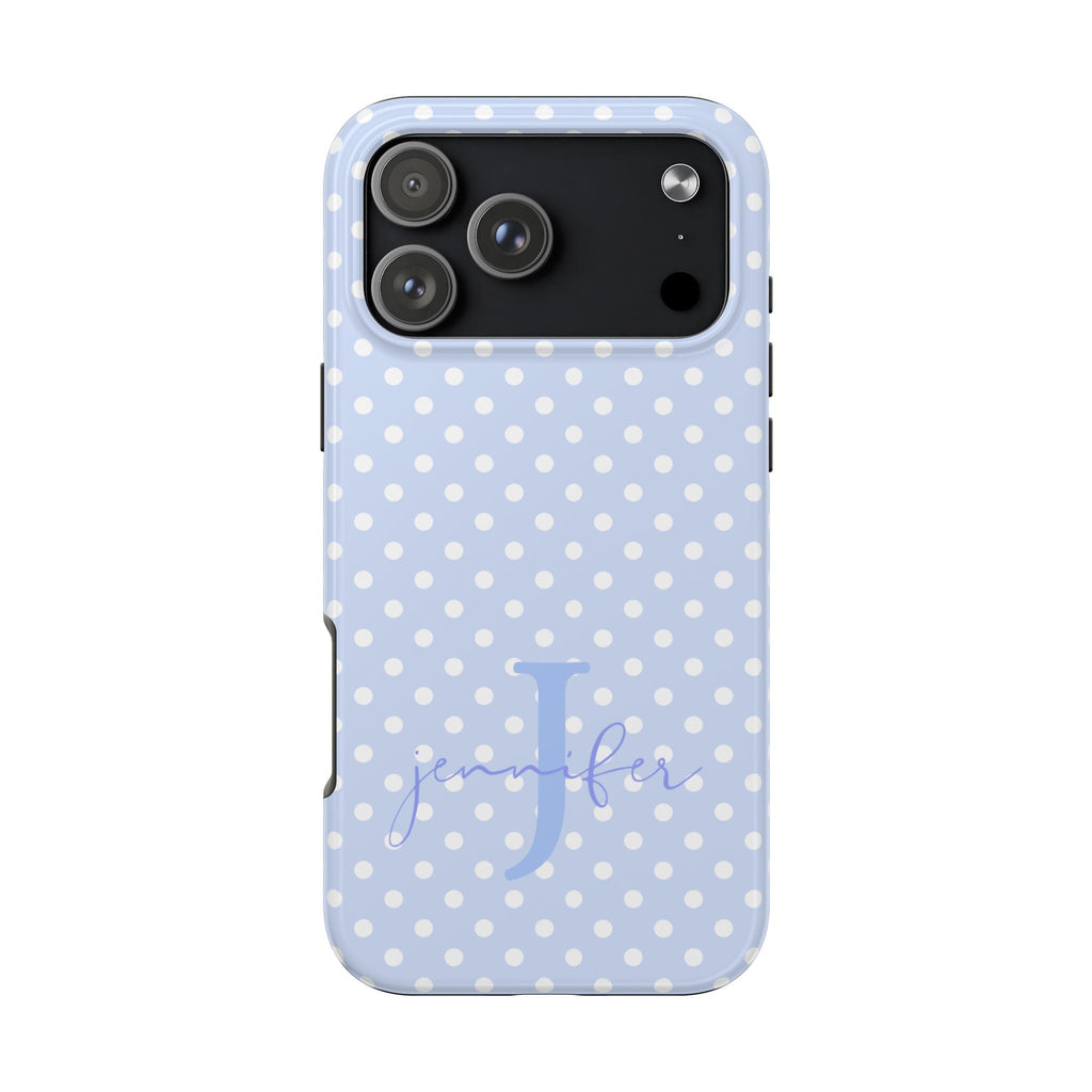 Light blue phone case with white polka dots and a cursive letter J personalization