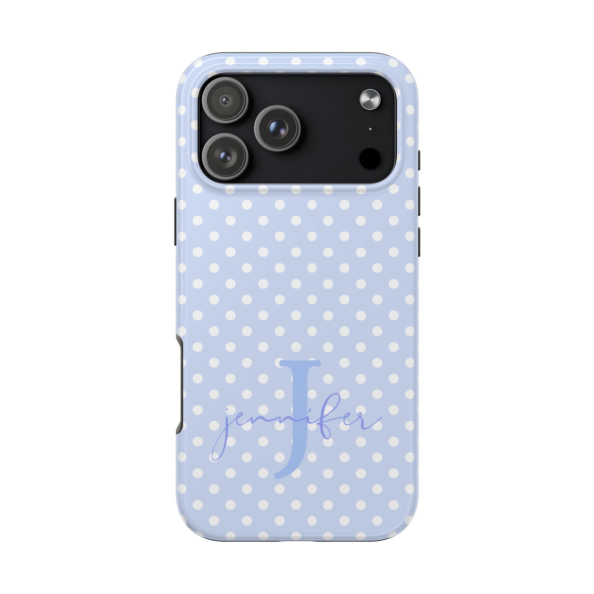 Light blue phone case with white polka dots and a cursive letter J personalization