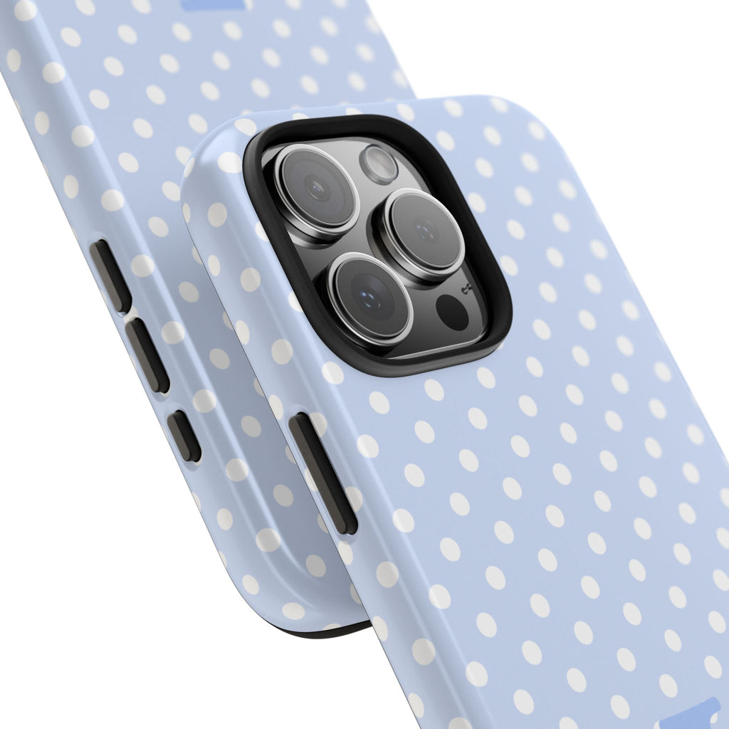 Light blue polka-dot phone case showing side buttons and camera cutout