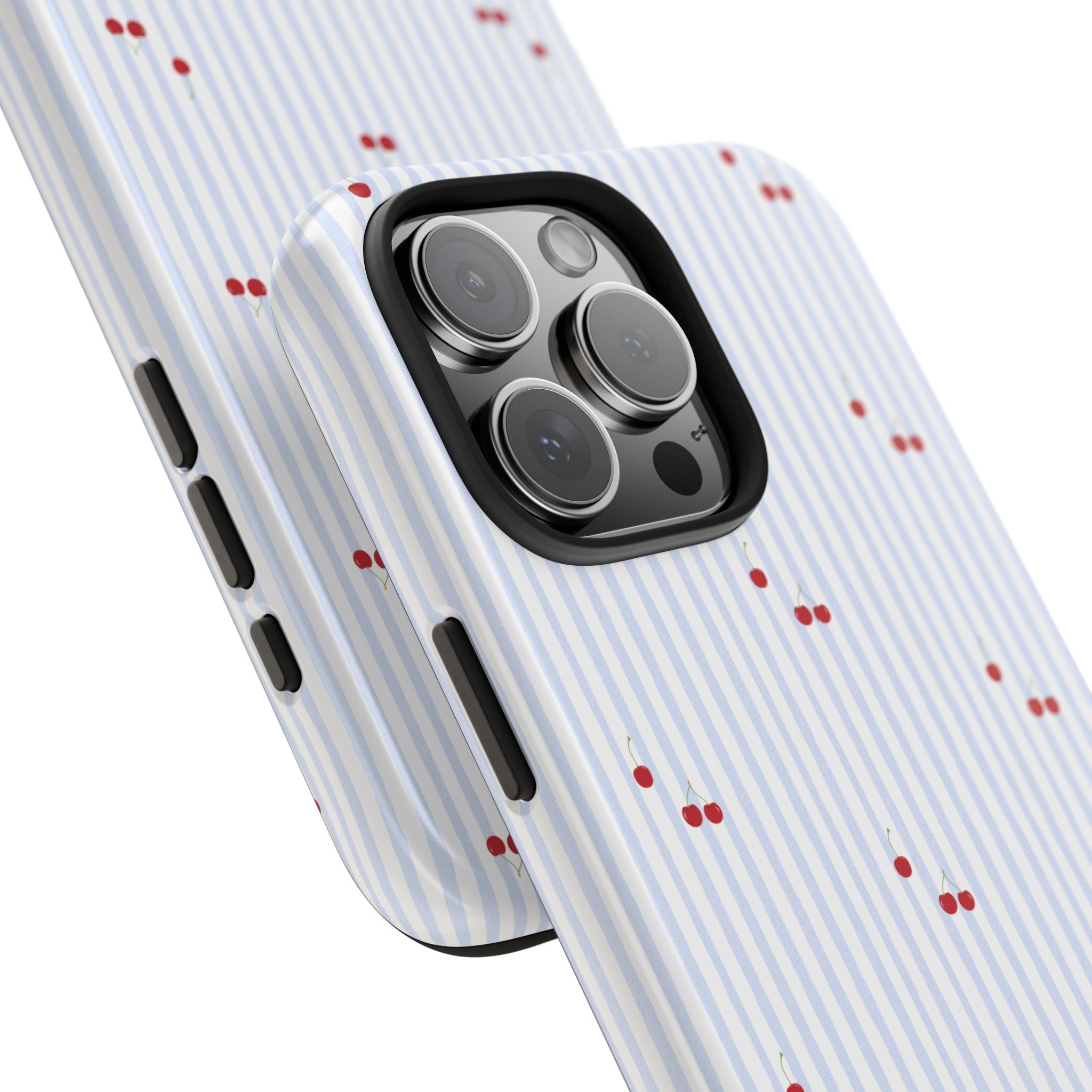 Angled phone case with blue stripes, red cherries, and Melissa near bottom