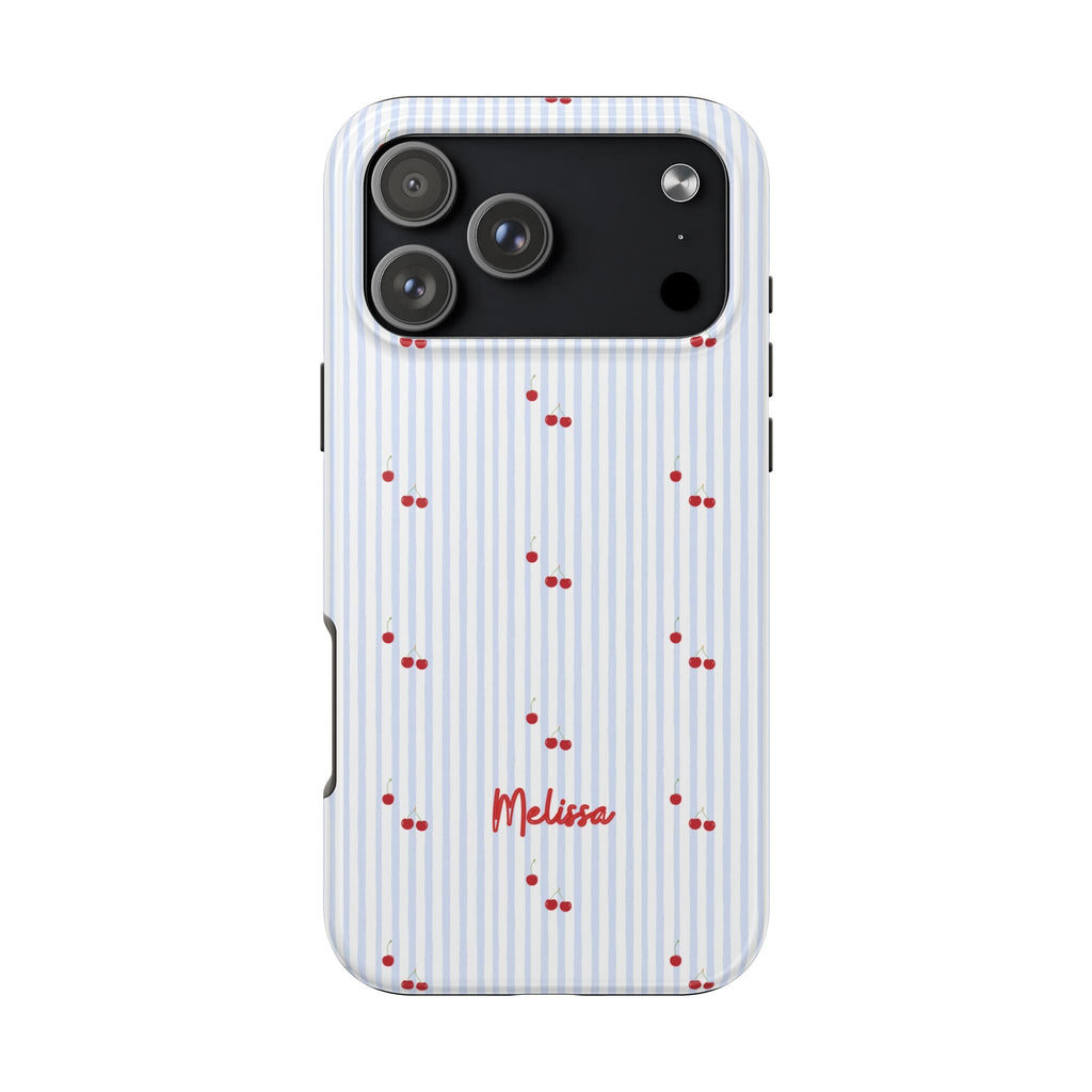 Personalized phone case with blue pinstripes, red cherries, and name Melissa