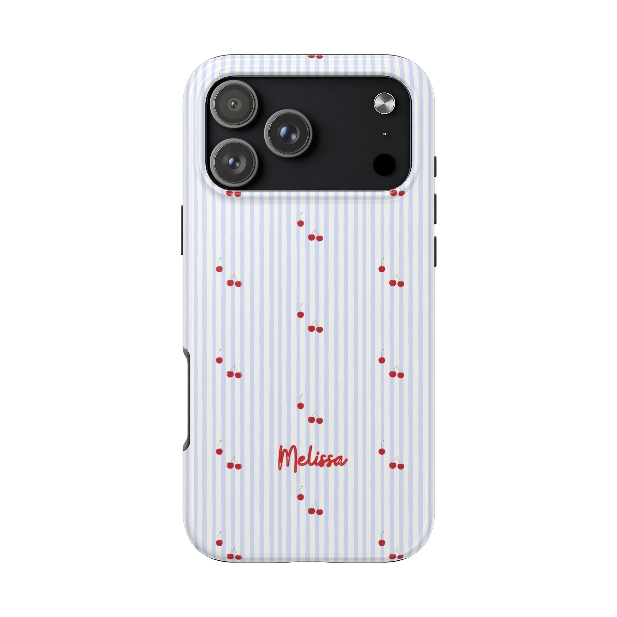 Personalized phone case with blue pinstripes, red cherries, and name Melissa