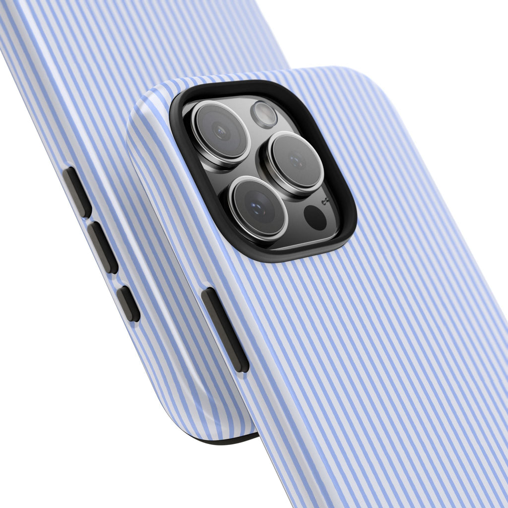 Blue white striped phone case angled view, camera lenses and side buttons