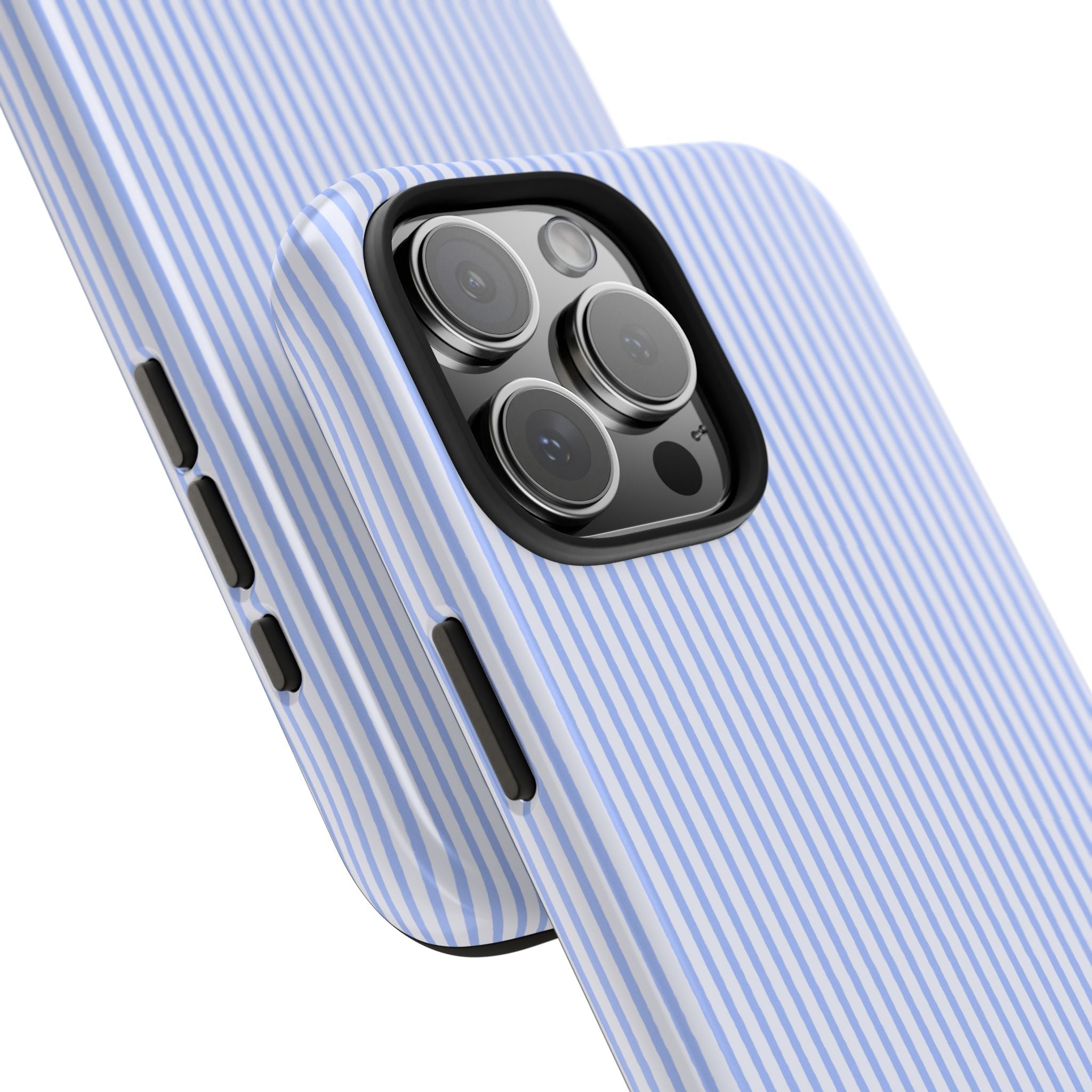 Blue white striped phone case angled view, camera lenses and side buttons