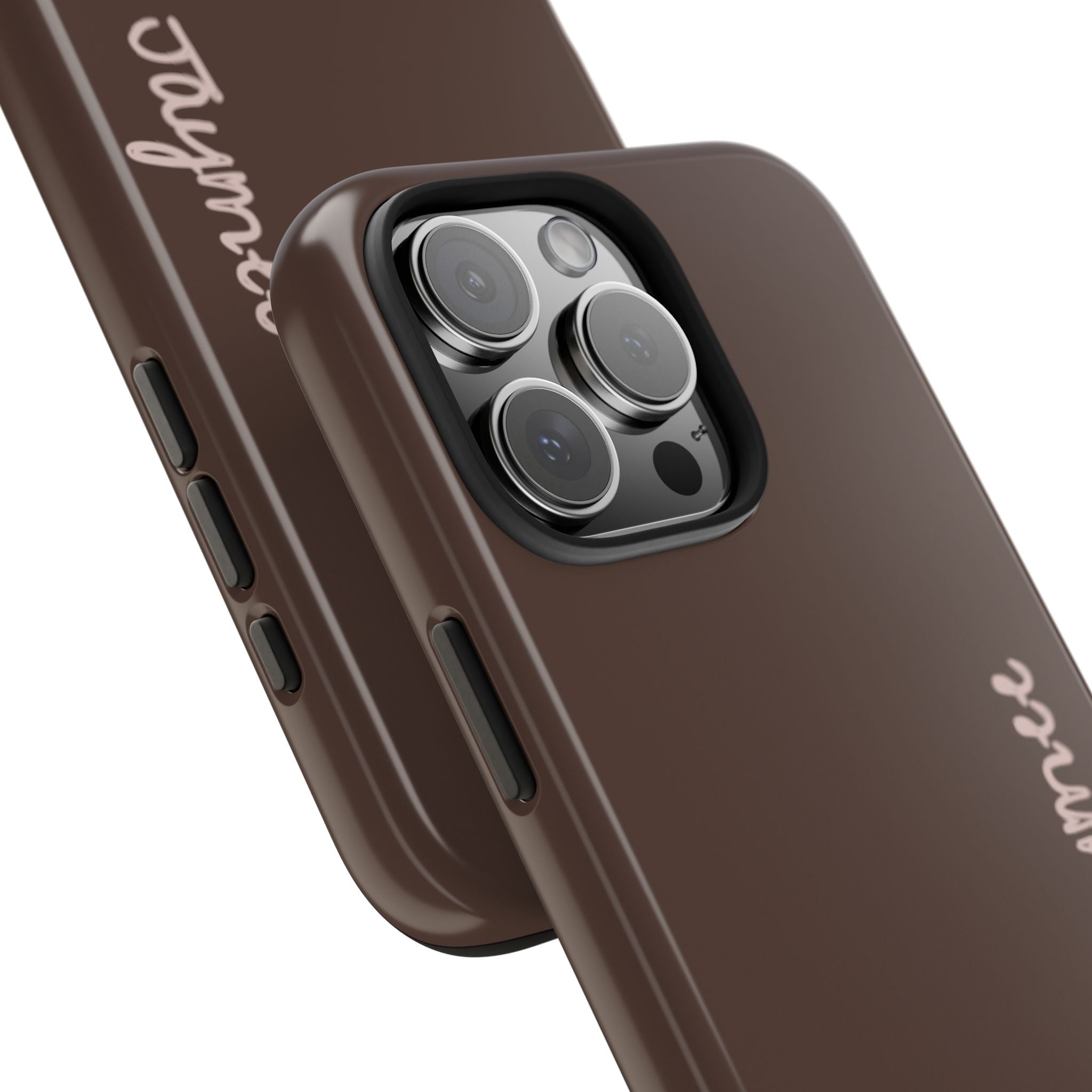Close-up brown phone case with bear design, camera cutout, and side button openings