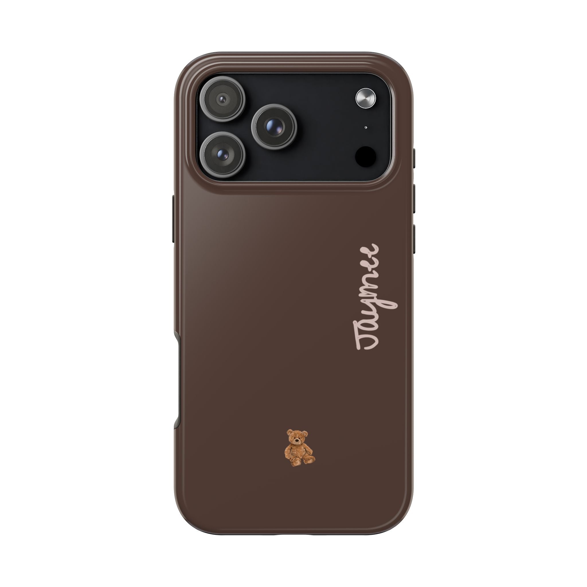 Brown mini bear phone case with engraved name script and camera cutouts