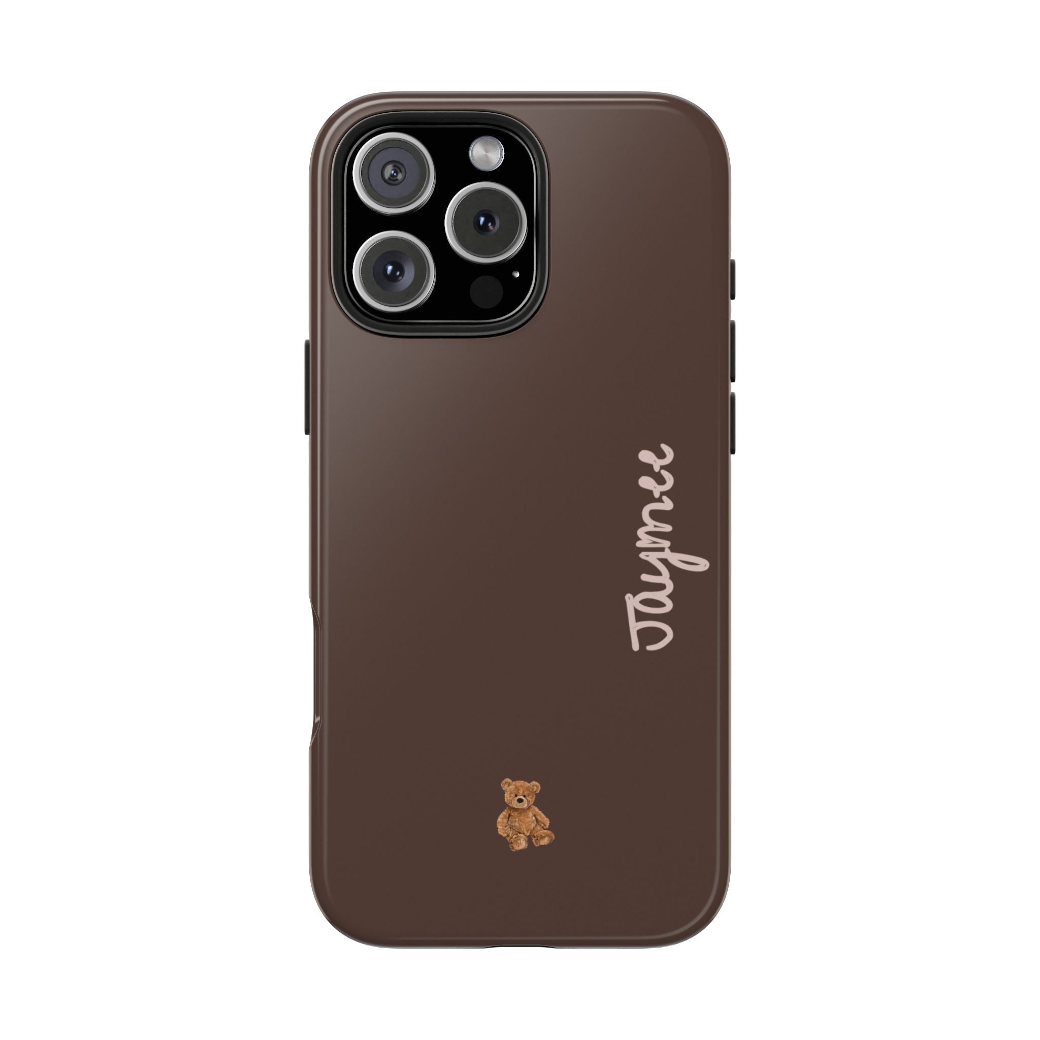 Brown mini bear phone case with vertical name script and triple camera cutout