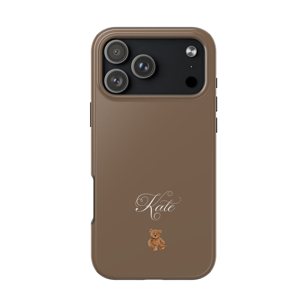 Brown phone case with custom name and small teddy bear charm on back