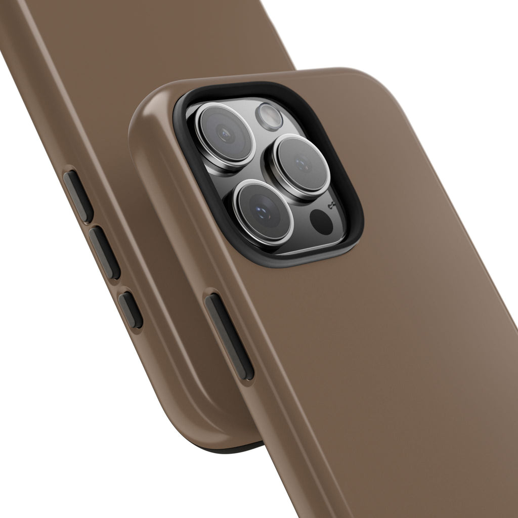 Brown phone case side view with camera lens cutout and button openings