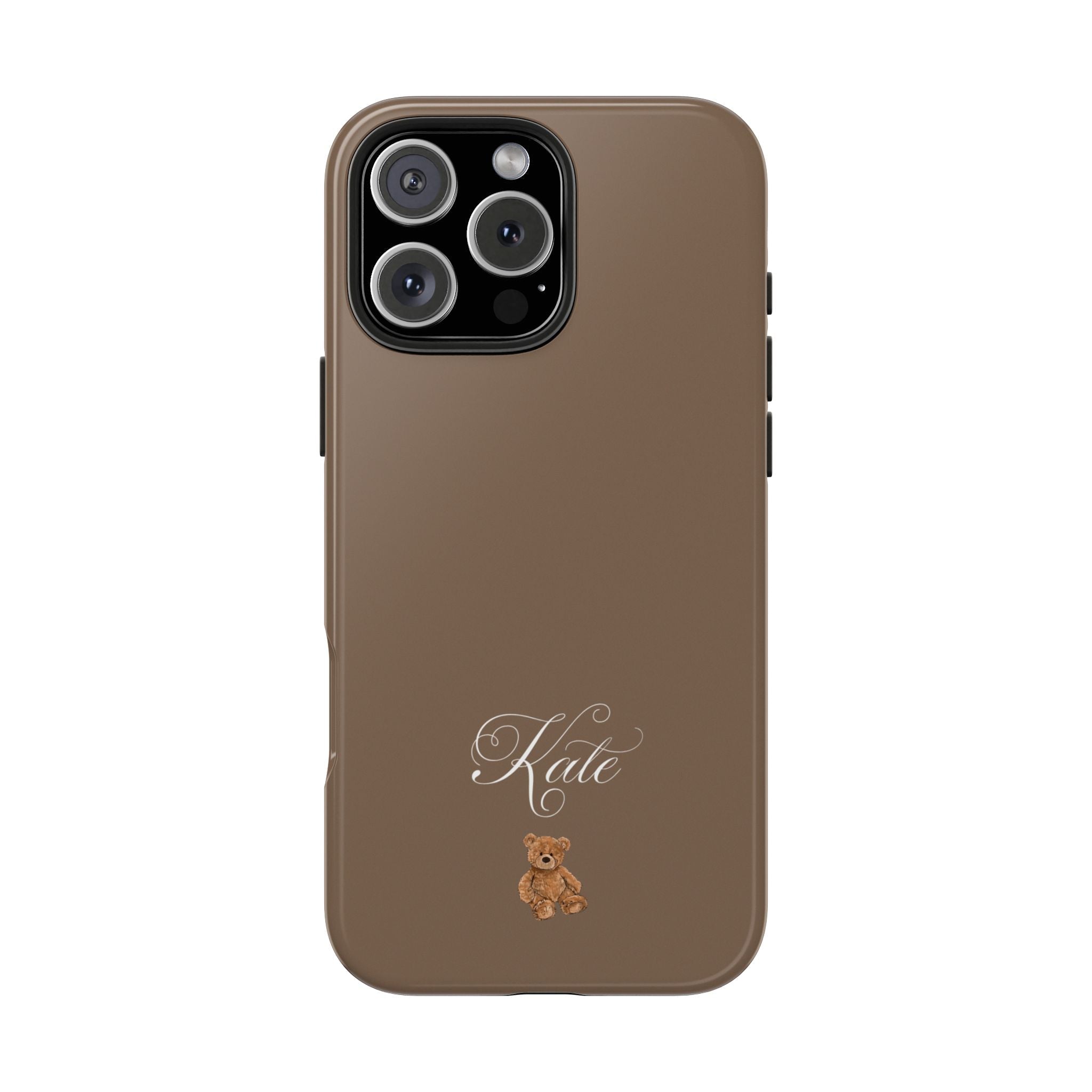 Brown minimalist phone case with script name and tiny teddy bear illustration