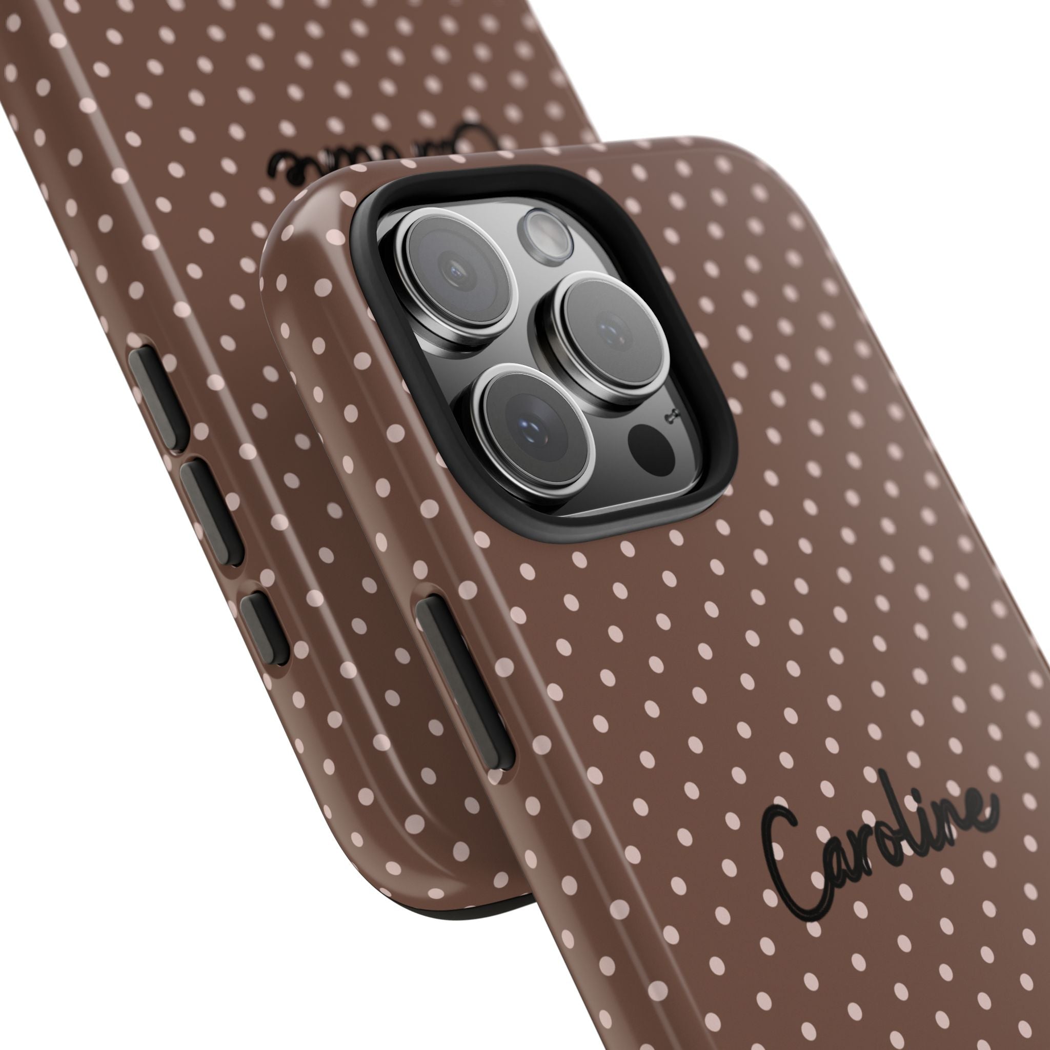 Brown polka dot phone case with custom name, side button openings and camera lenses