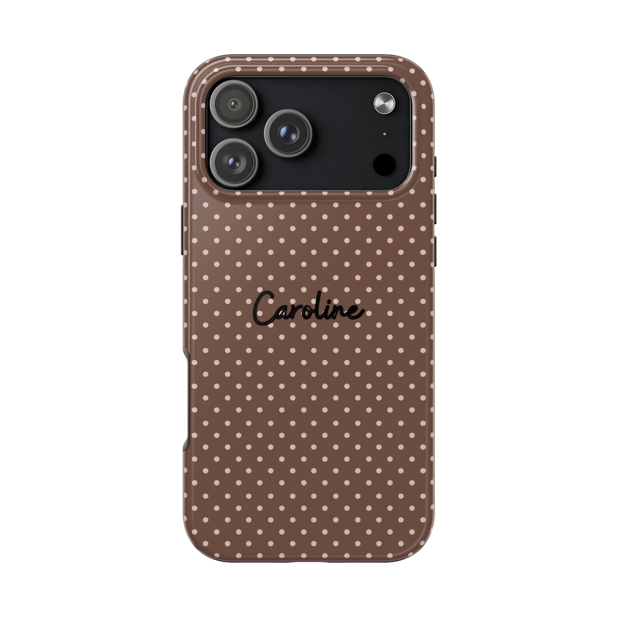 Brown polka dot phone case with custom name script and large camera module cutout
