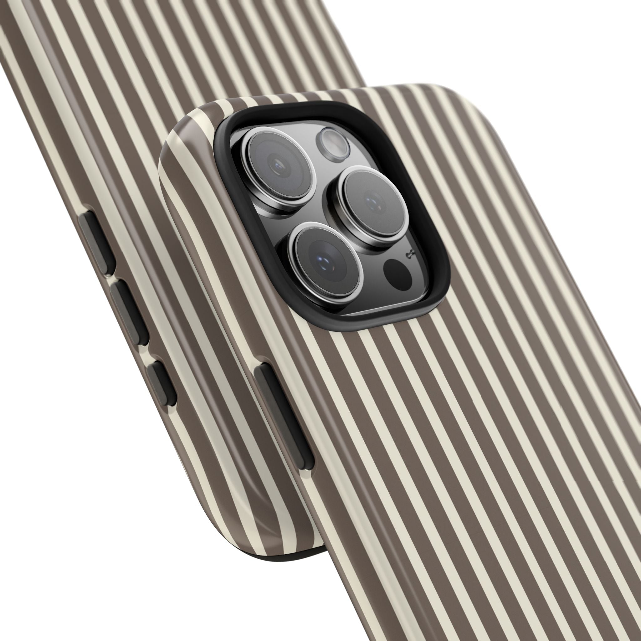 Phone case close-up with vertical brown-and-cream stripes and raised camera cutout